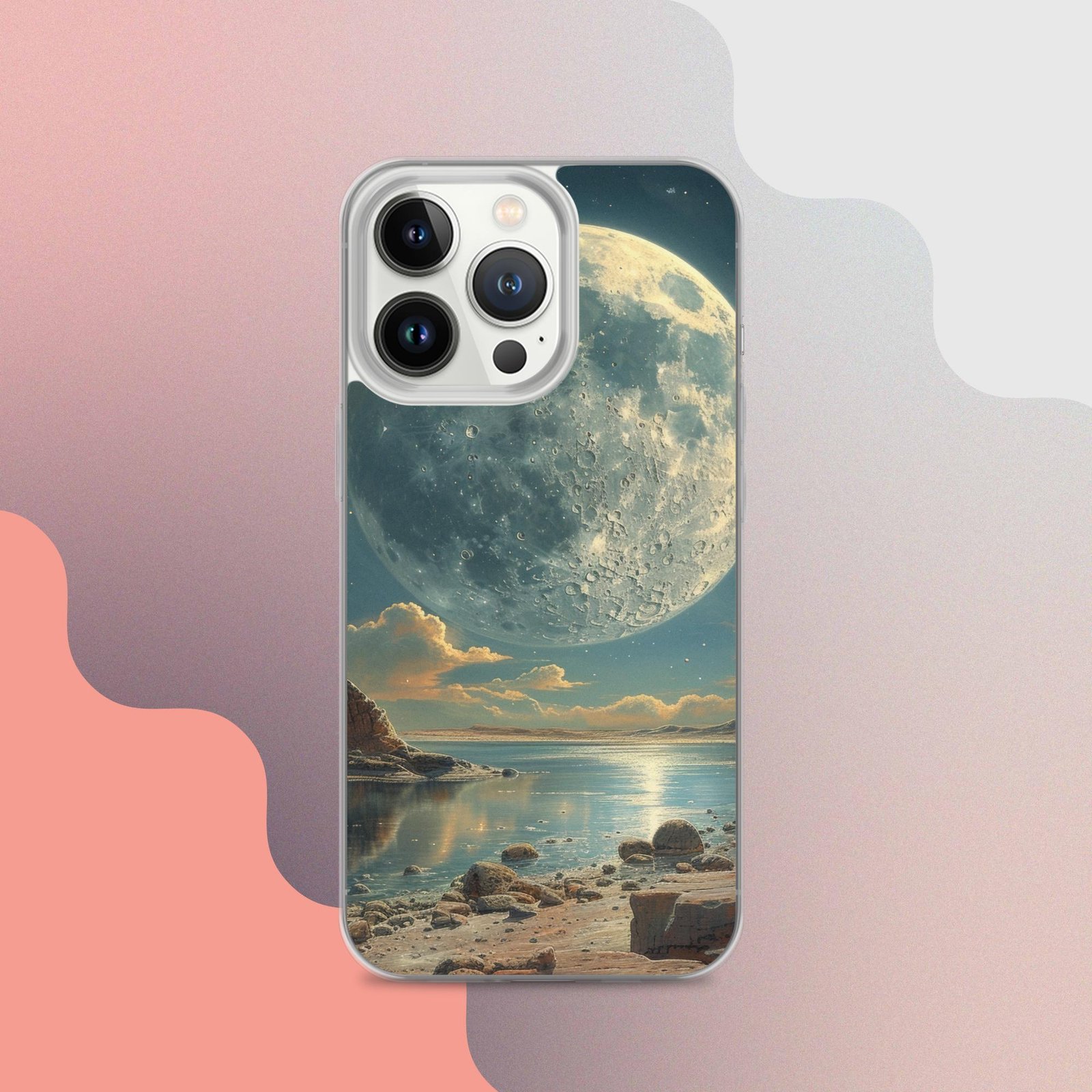 This iPhone case features a stunning image of the moon reflected in water, encapsulated within a clear casing.