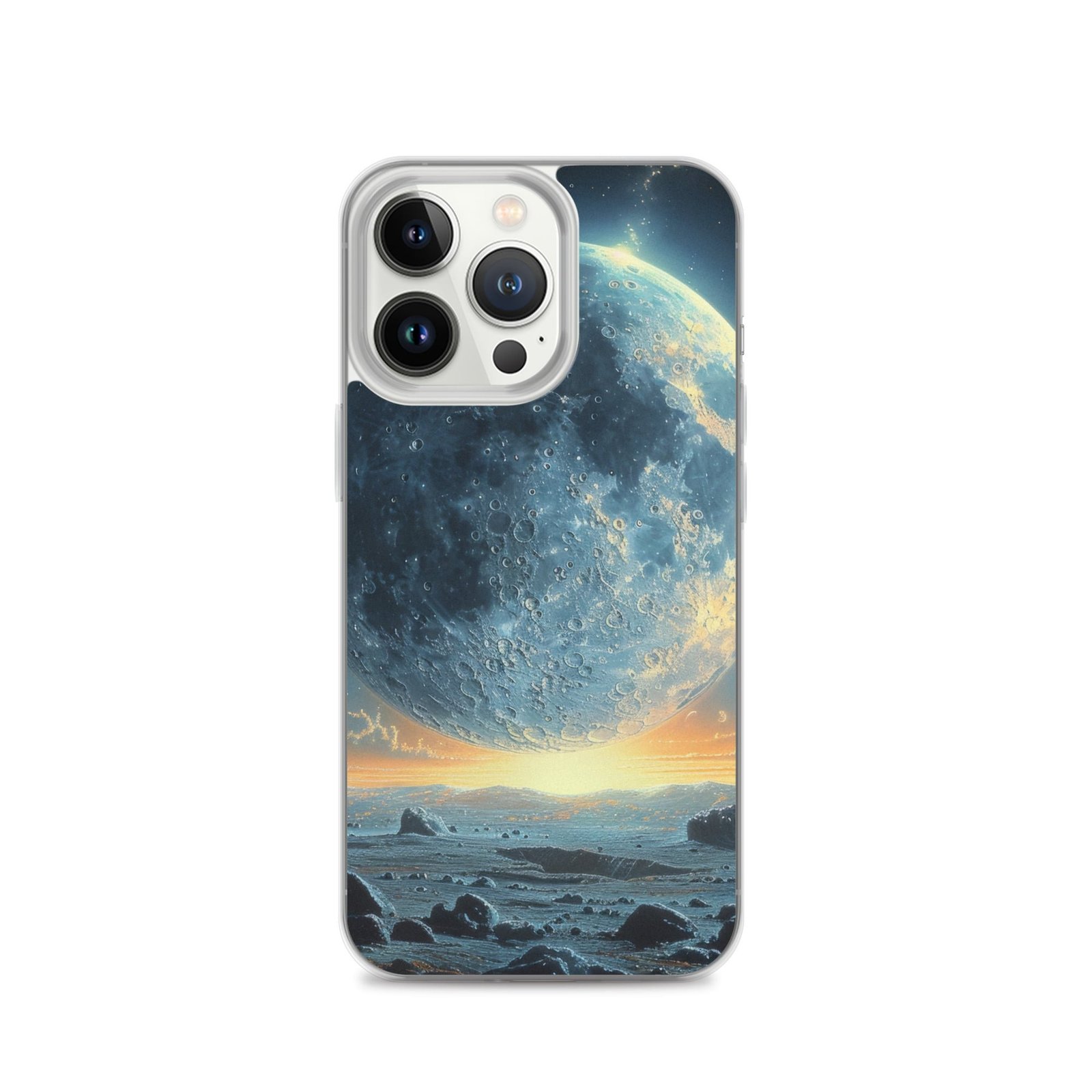 An iPhone 11 pro clear case featuring an image of the moon, bringing you closer to the Moon.