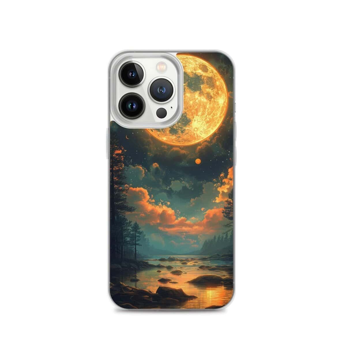 A clear phone case featuring a captivating full moon in the sky.