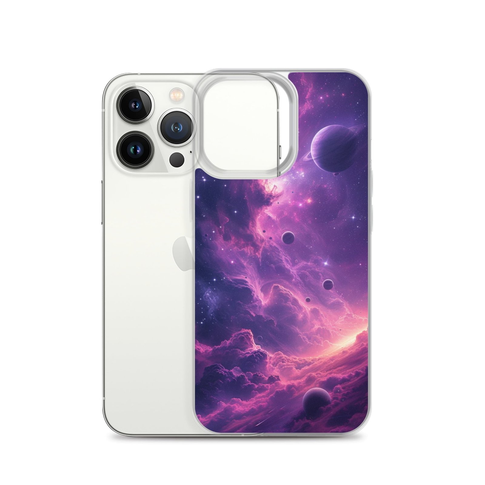 An iPhone 11 Pro case with a purple galaxy and planets, perfect for those who love beauty theme and want a stylish case for their iPhone.