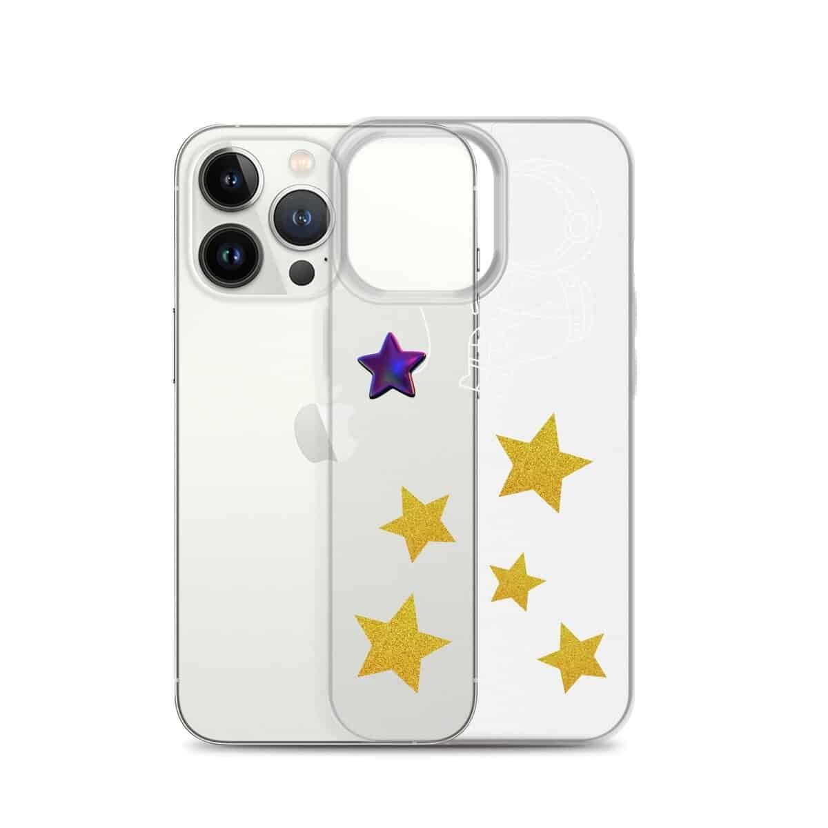 A Starry Night-inspired clear phone case adorned with stars.