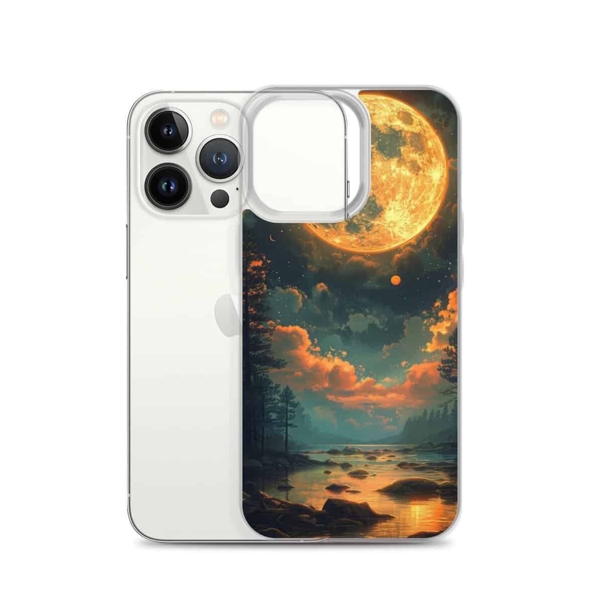 A clear phone case featuring an image of a full moon in the sky.