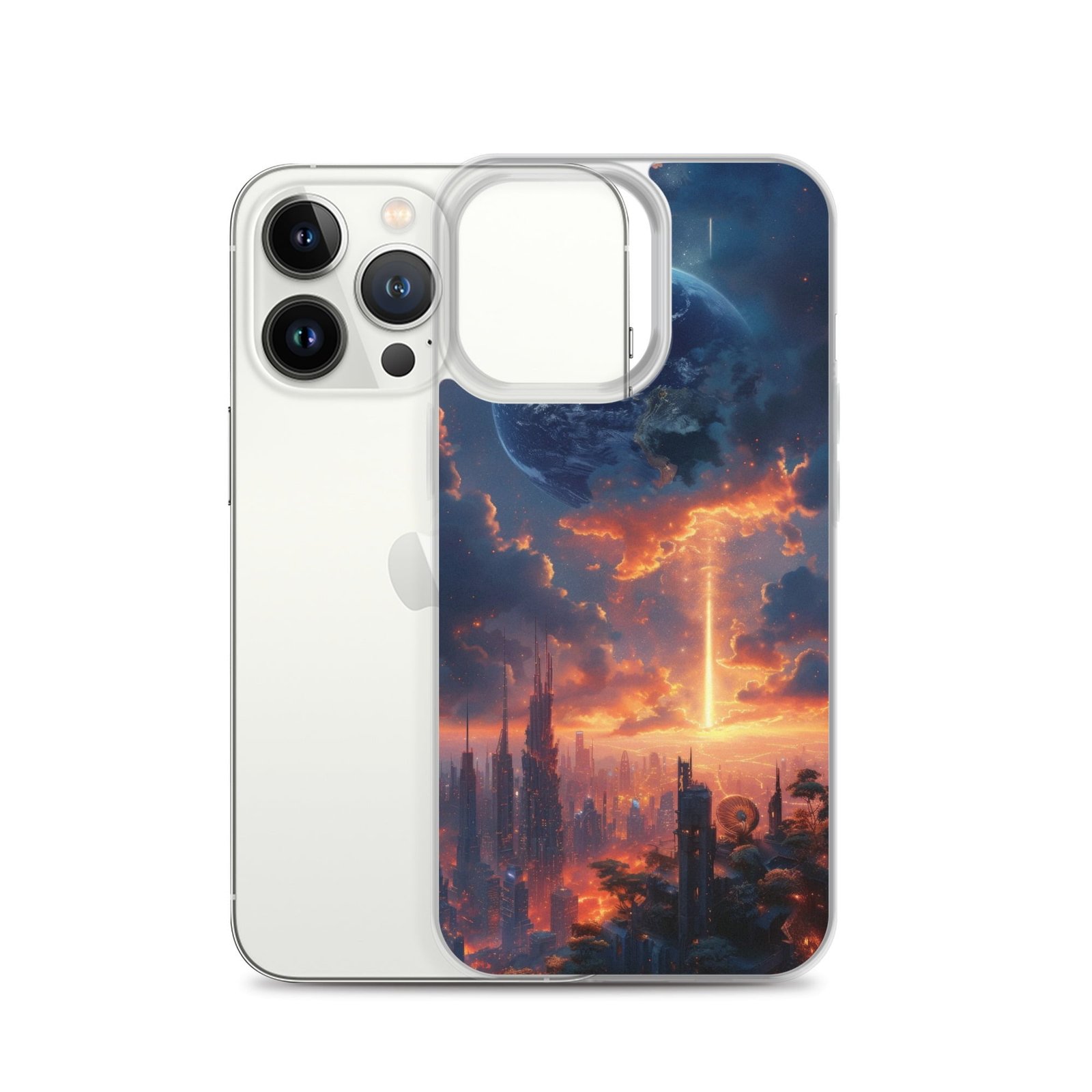 An iPhone case with a clear image of a city at sunset.