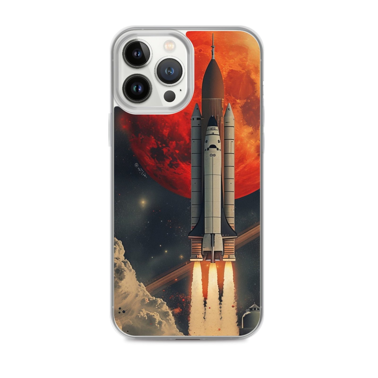 A clear iPhone case featuring an image of a space shuttle taking off.