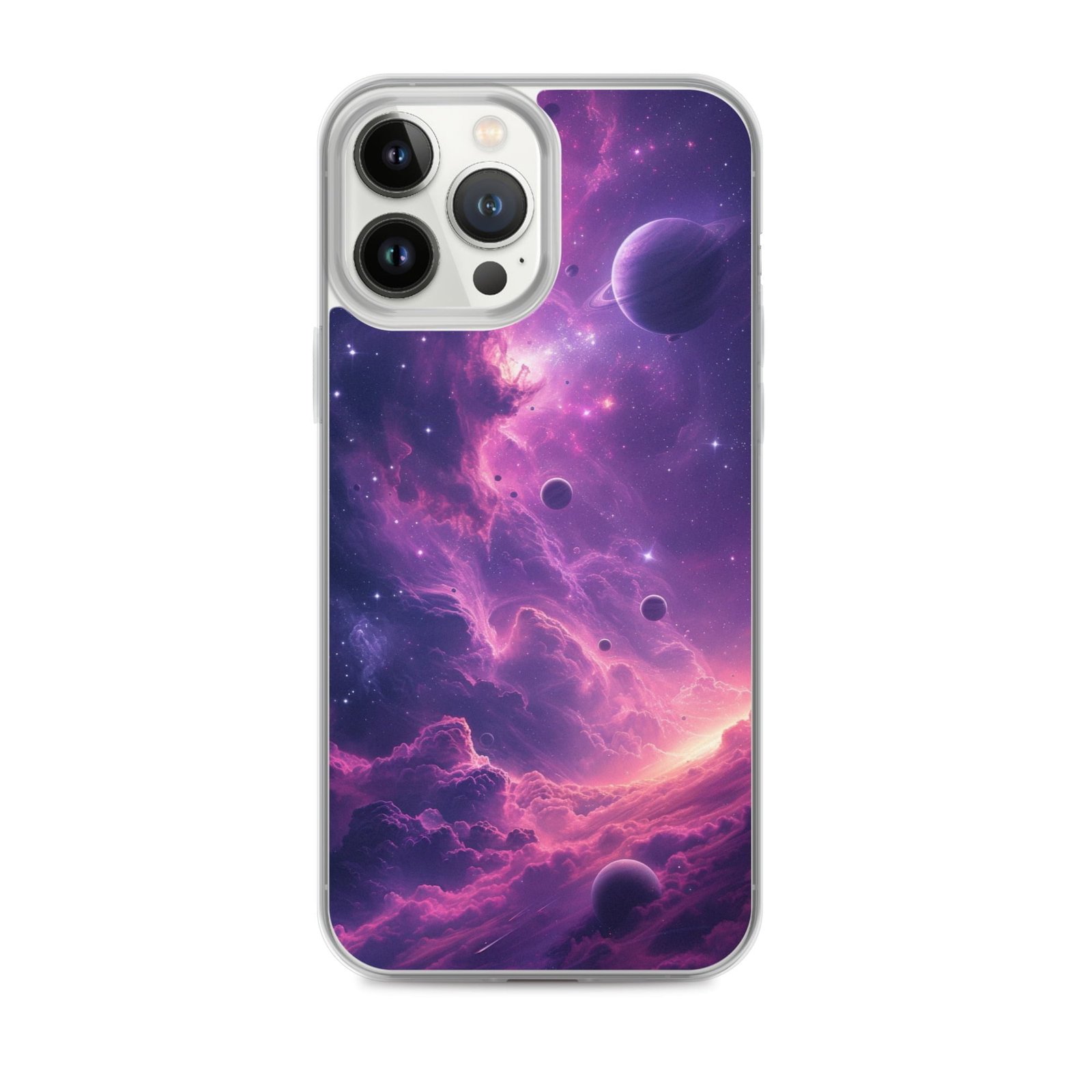 A mysterious beauty-themed iPhone case featuring a stunning image of a purple nebula and planets, invoking the awe-inspiring feel of galaxies.