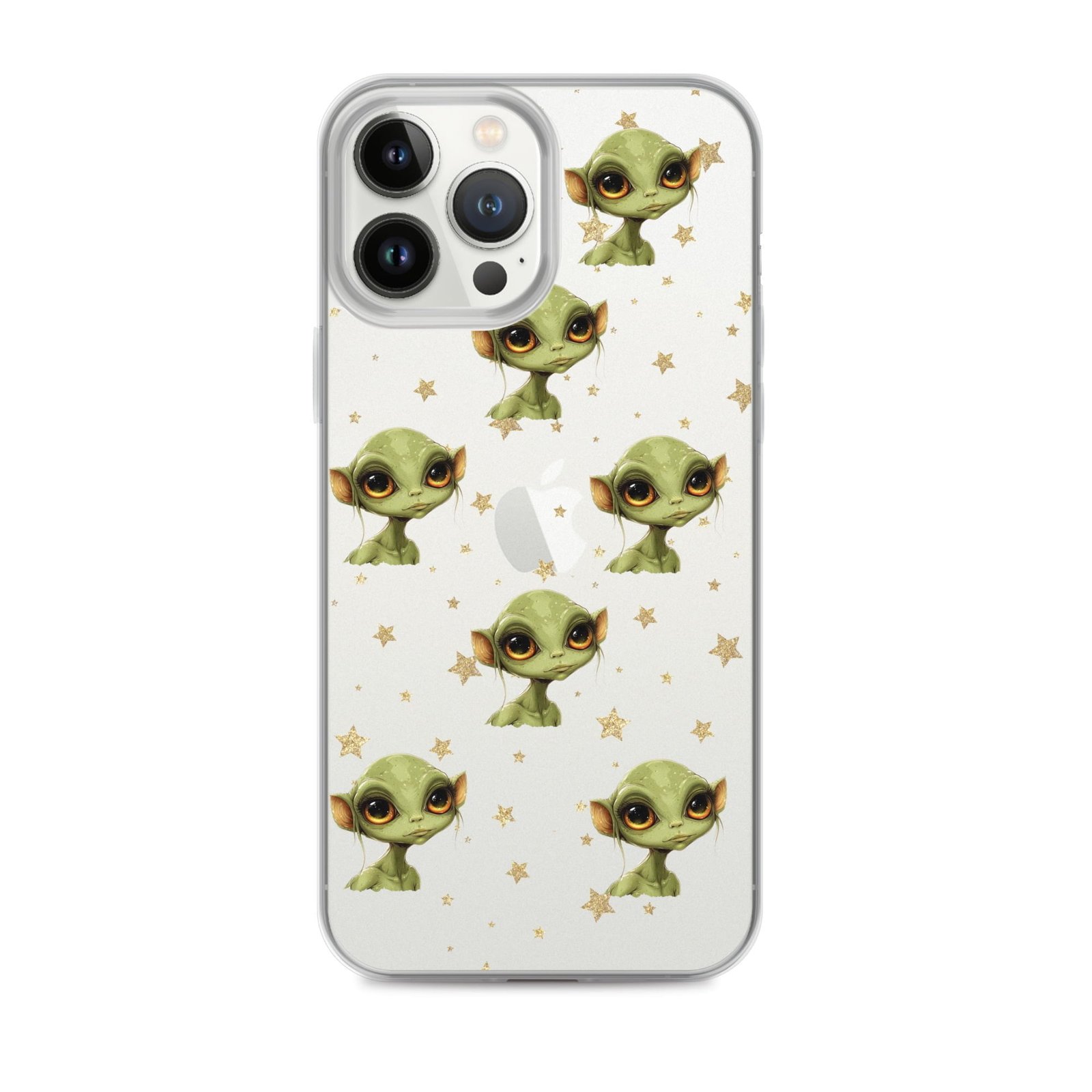 A clear phone case with green elves and stars on it, depicting an otherworldly scene.