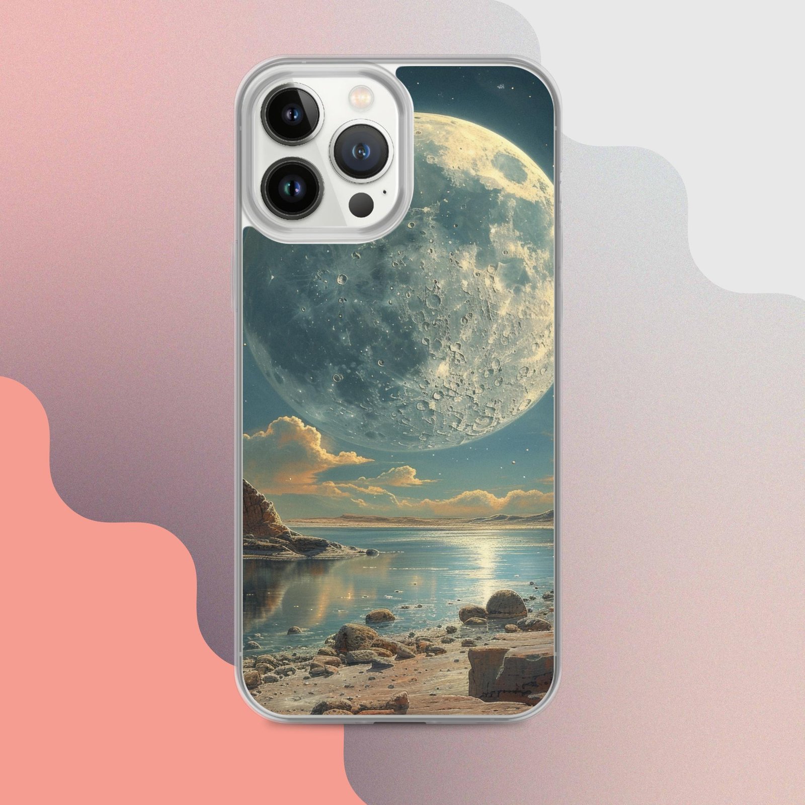 A clear iPhone case featuring a stunning image of the moon reflecting on water.