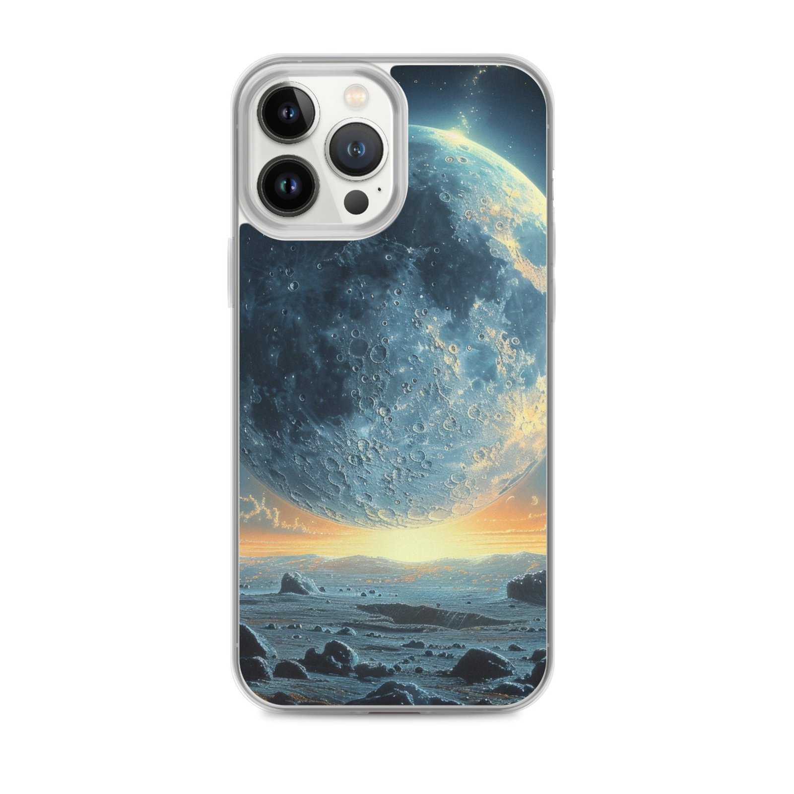 A clear phone case featuring a closer-up image of the moon and rocks.