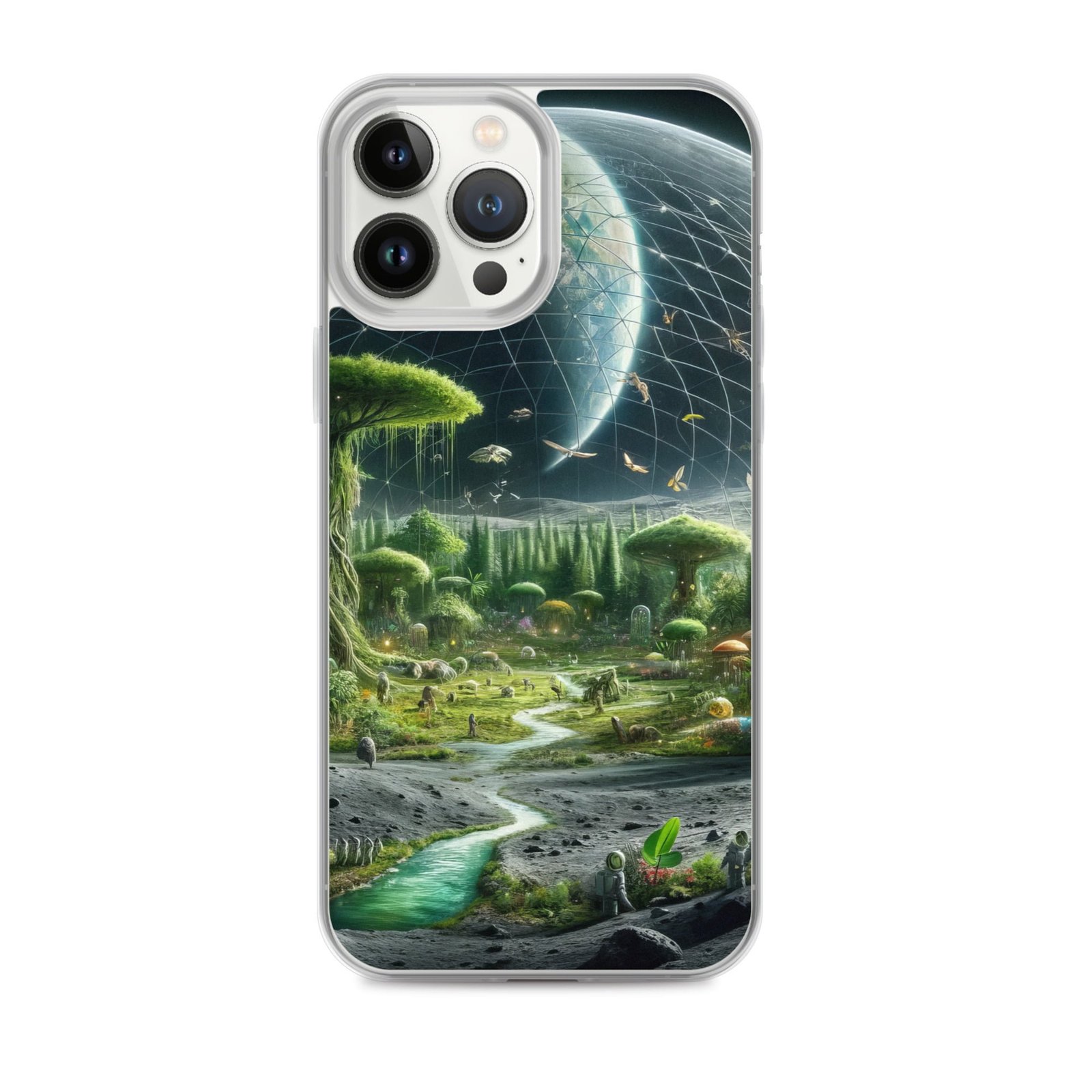 A clear phone case featuring the image of a planet surrounded by trees.