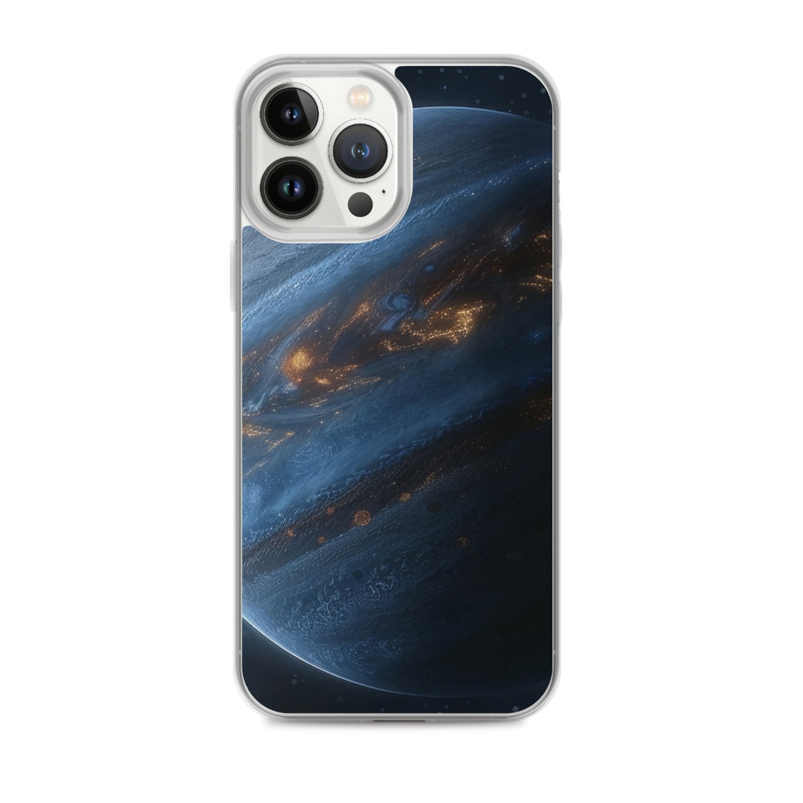 This clear iPhone case showcases a stunning image of the planet Jupiter.