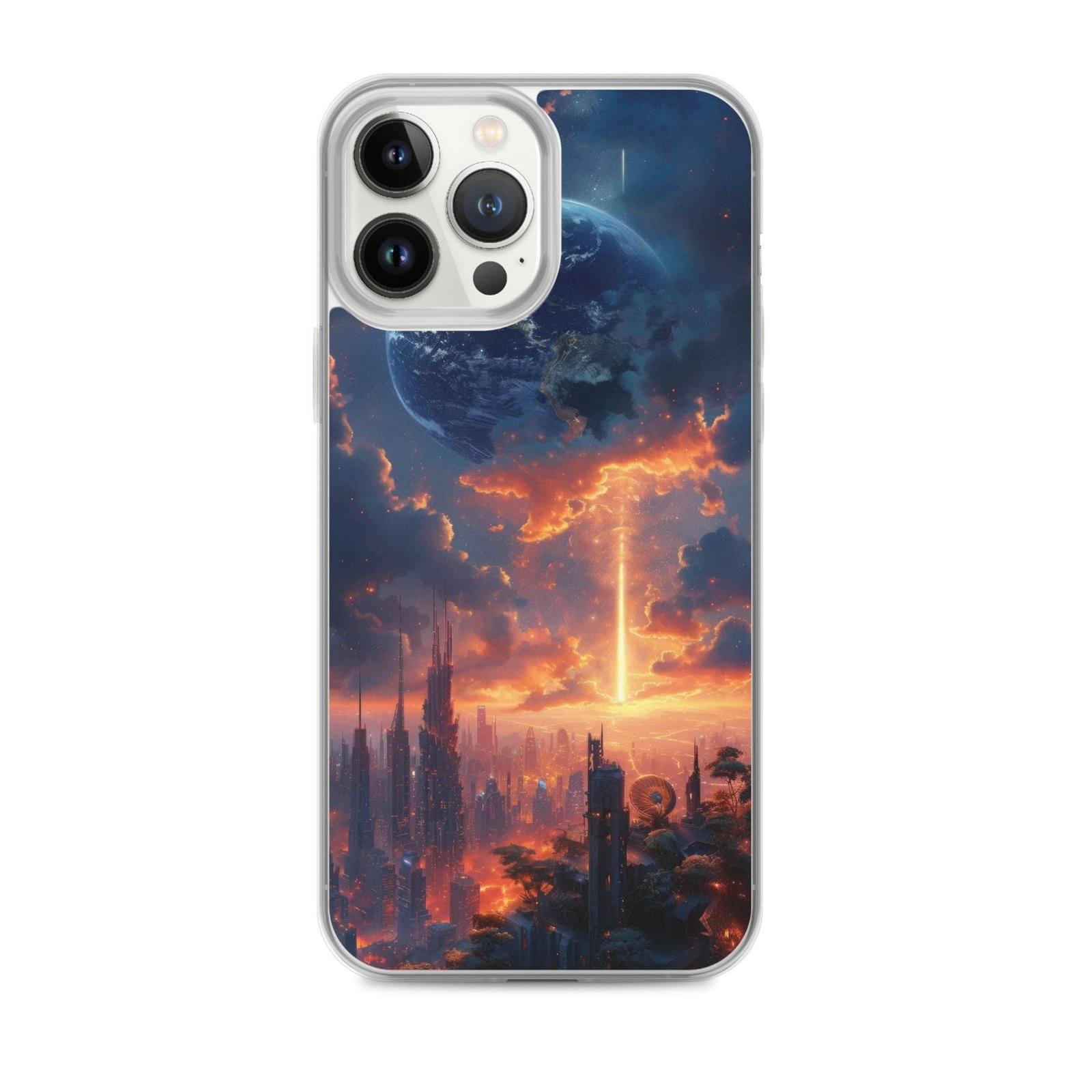 A clear iPhone case with an image of a city at sunset.