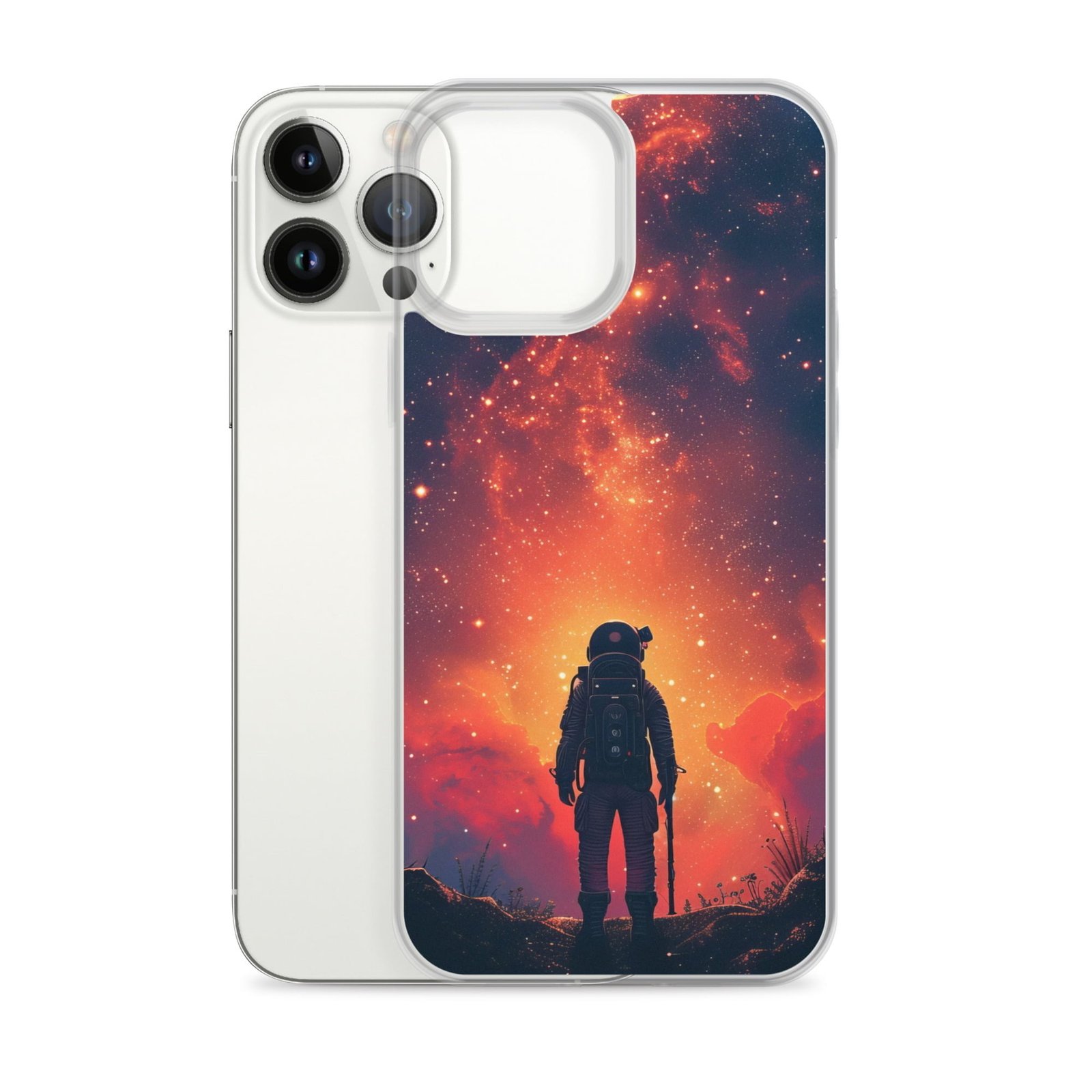 A Clear iPhone case featuring a man standing in front of a starry sky.
