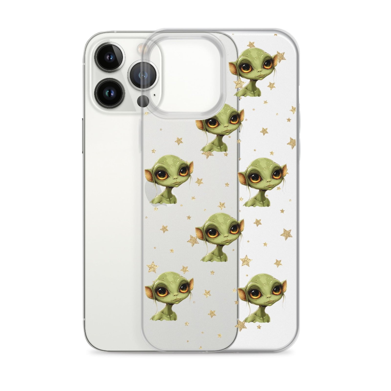 A cute baby yoda phone case adorned with stars, perfect for space enthusiasts.