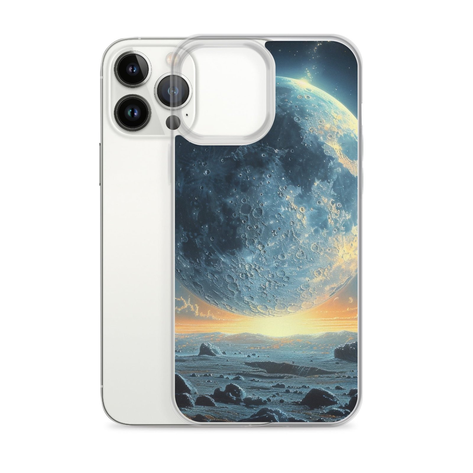 A Clear iPhone Case featuring an image of the moon and rocks.