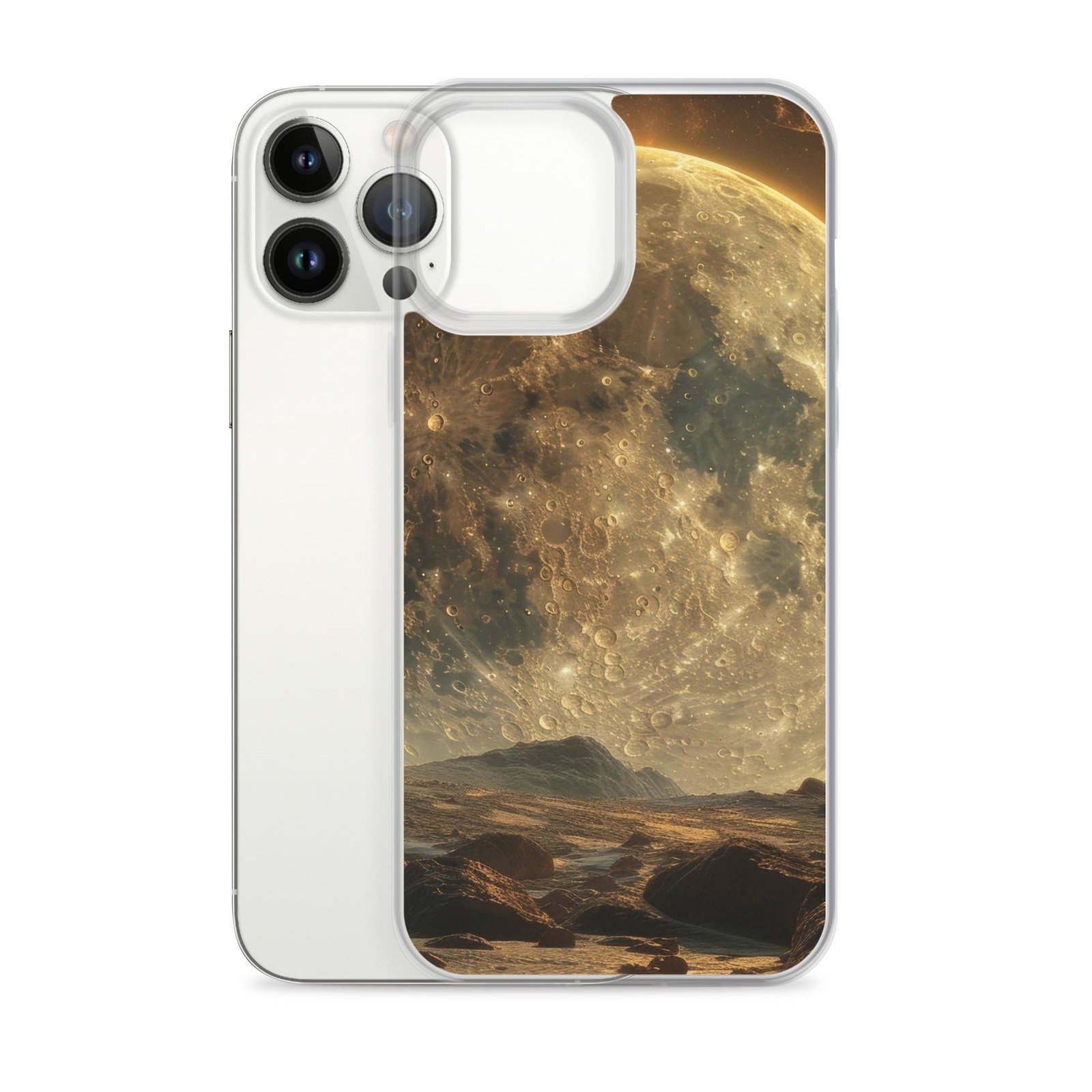 A clear iPhone case featuring a captivating image of the full moon.
