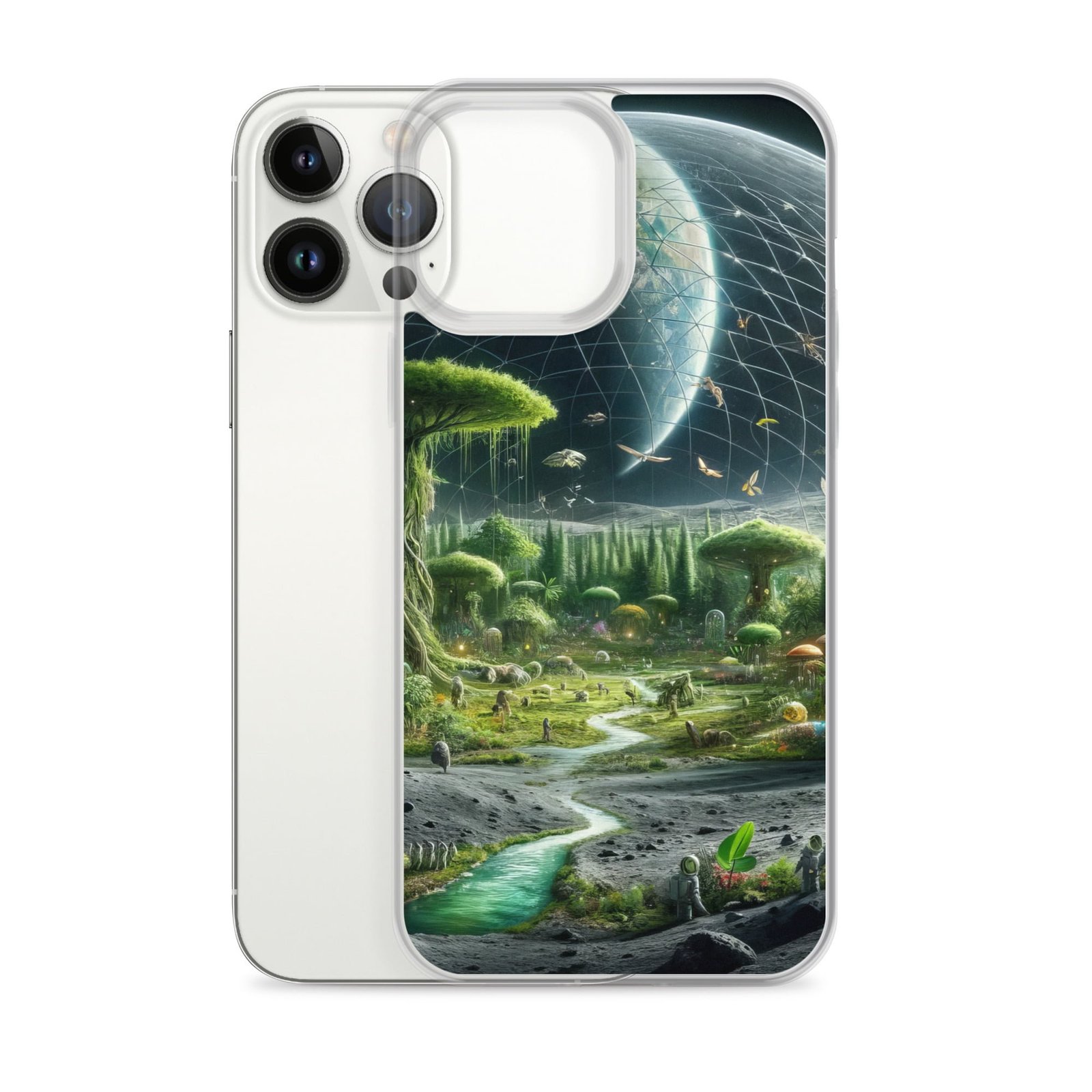 A clear iPhone case featuring an image of a moon and trees.
