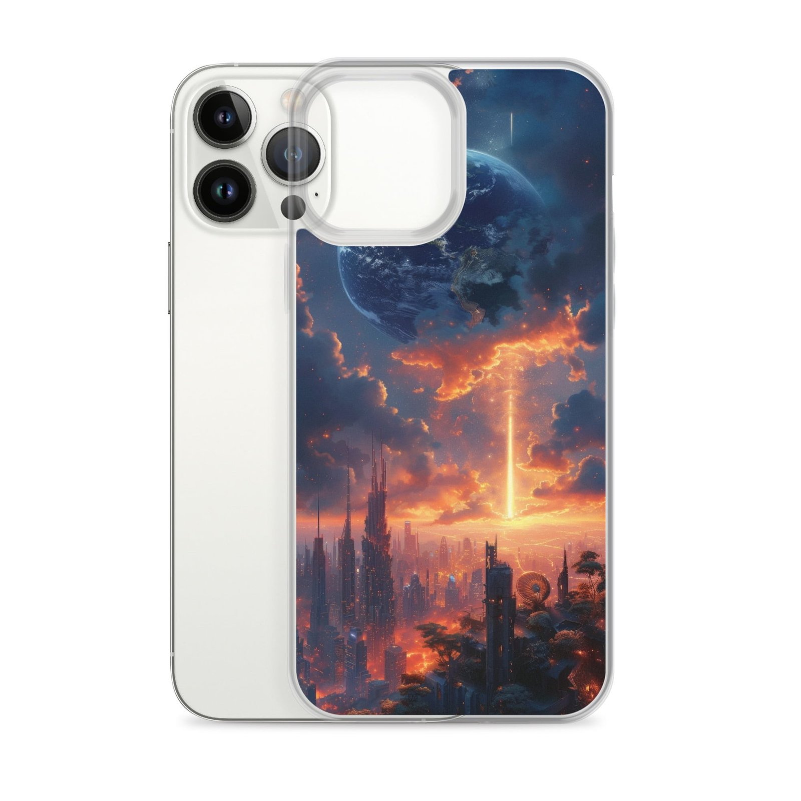 A clear iPhone case featuring an image of a city in the sky.