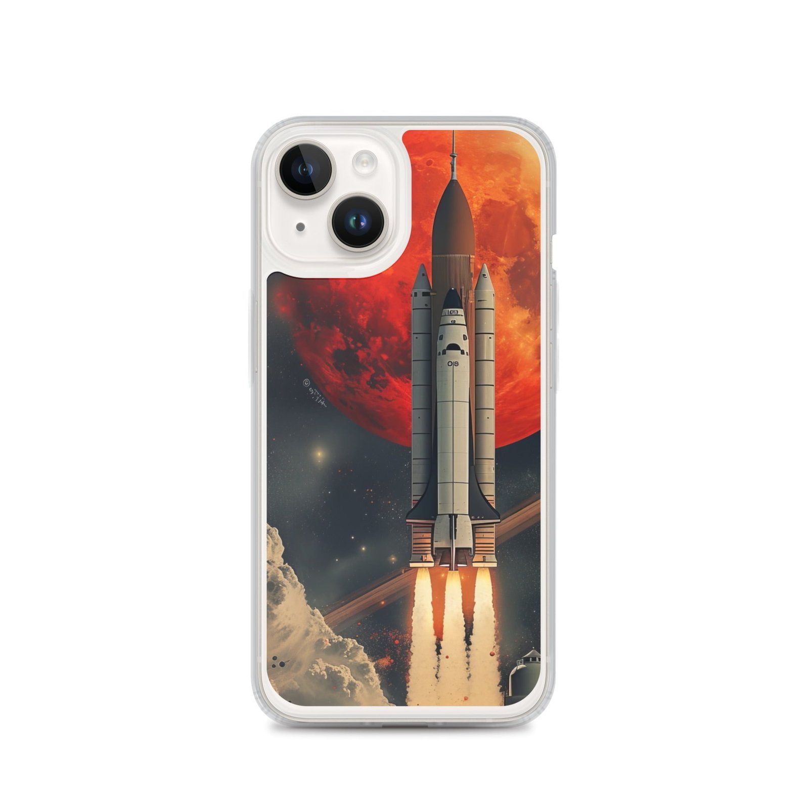 NASA iPhone clear case featuring a space shuttle launch complemented by an image of the moon.