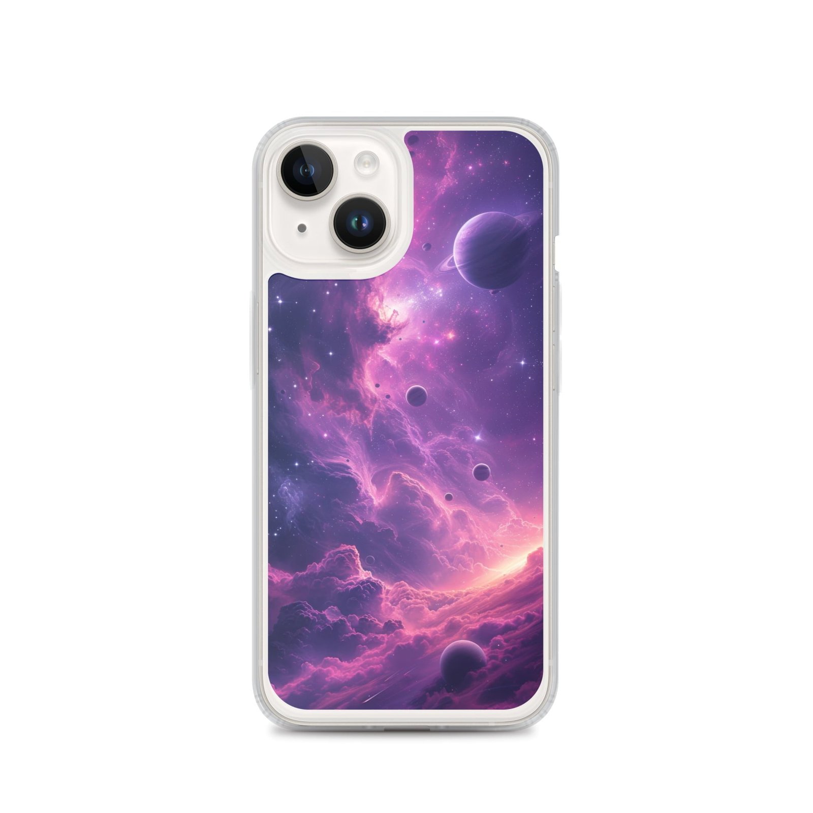 An iPhone case featuring a mesmerizing purple galaxy, showcasing the beauty of the cosmos.