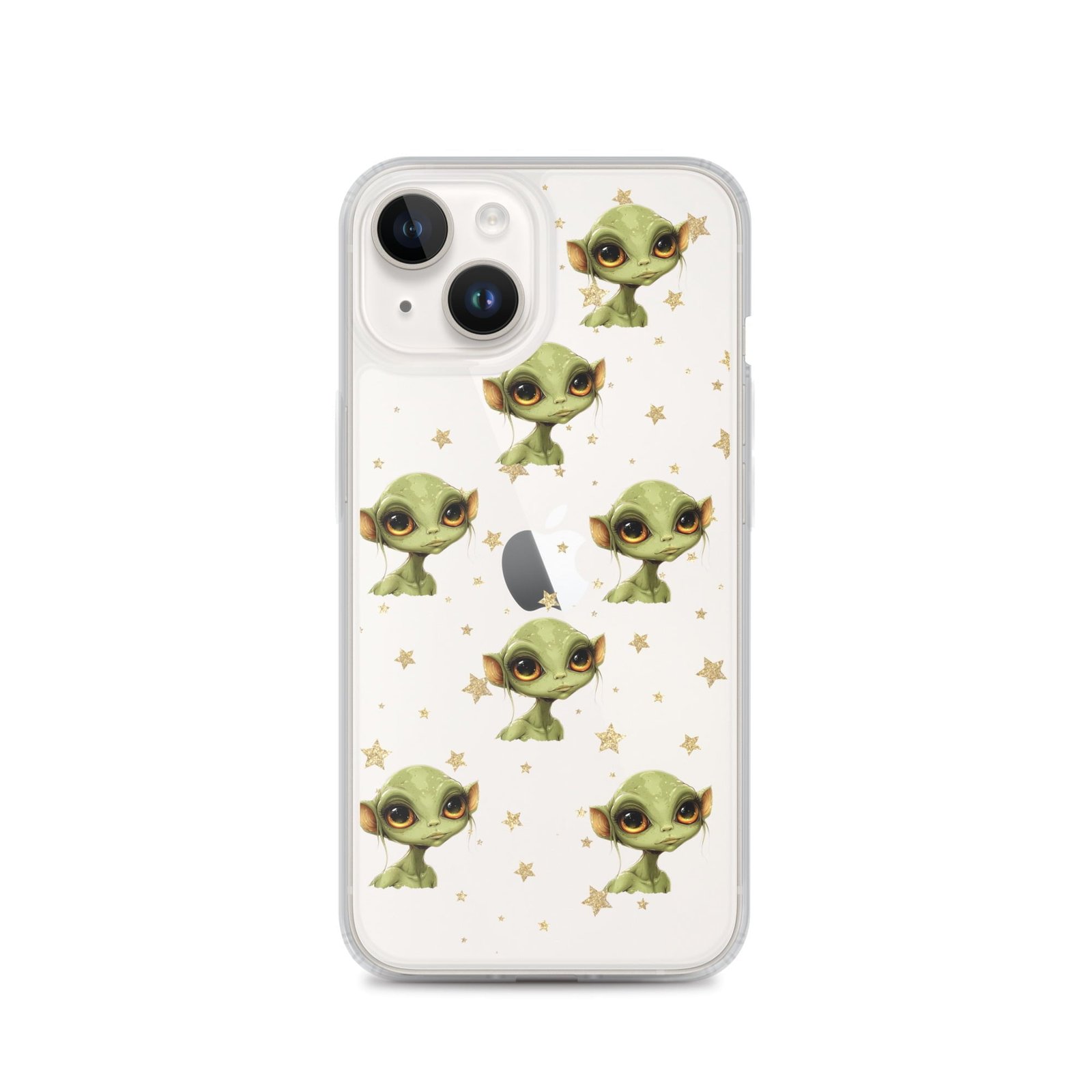 A green alien iPhone® case with stars on it, perfect for those who love Deep Space.