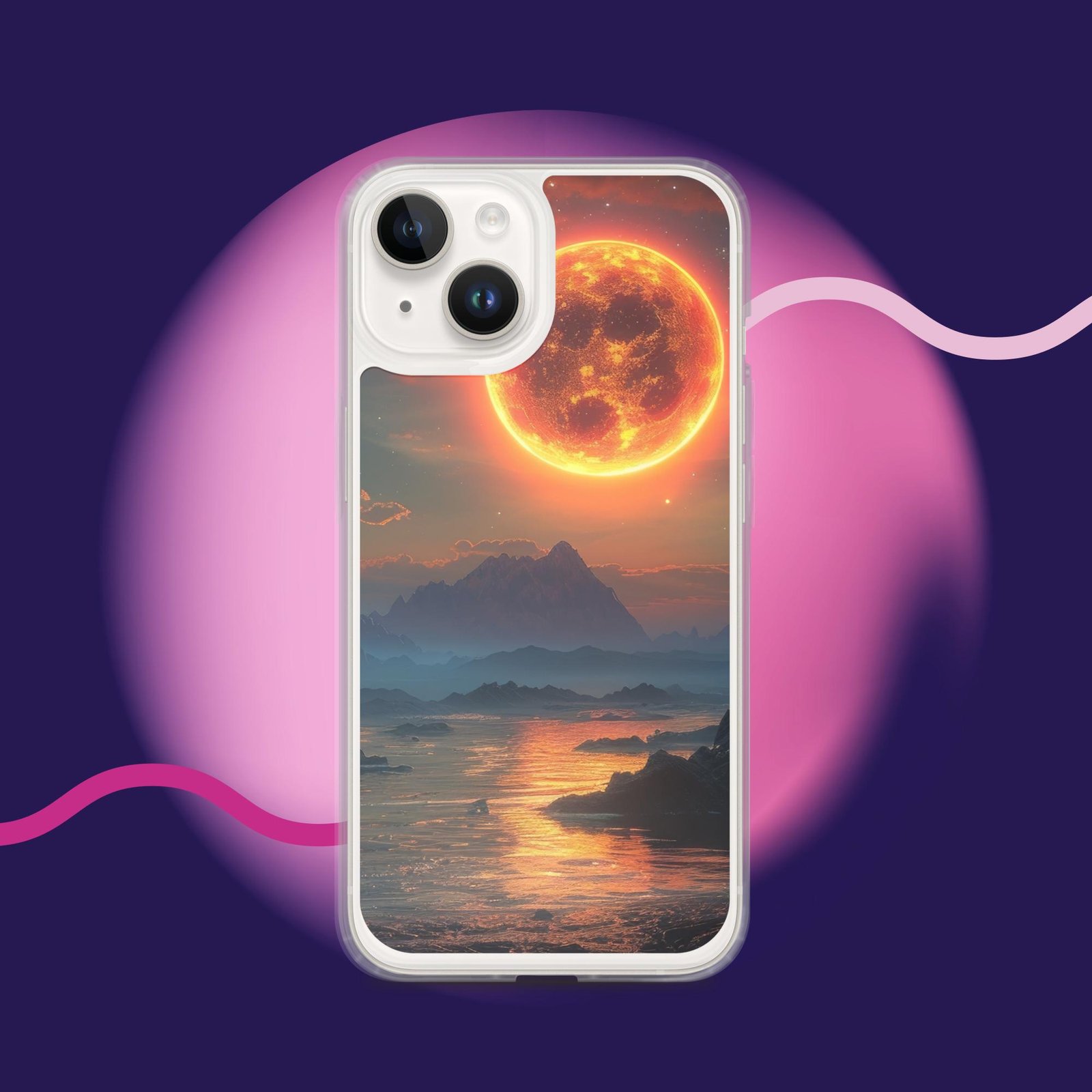 A clear iPhone case with an image of the sun and mountains.