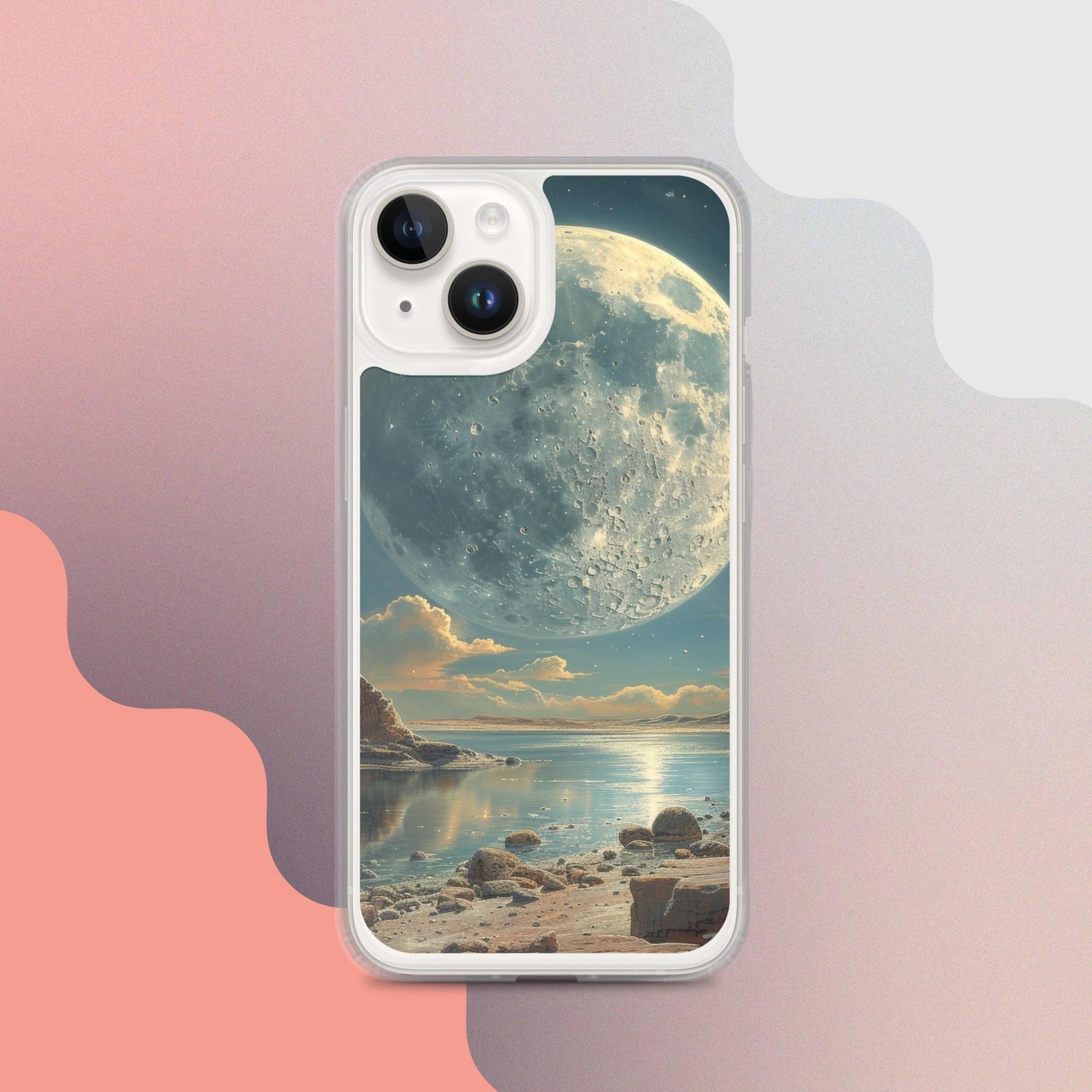 A clear iPhone case featuring an image of the moon and water.