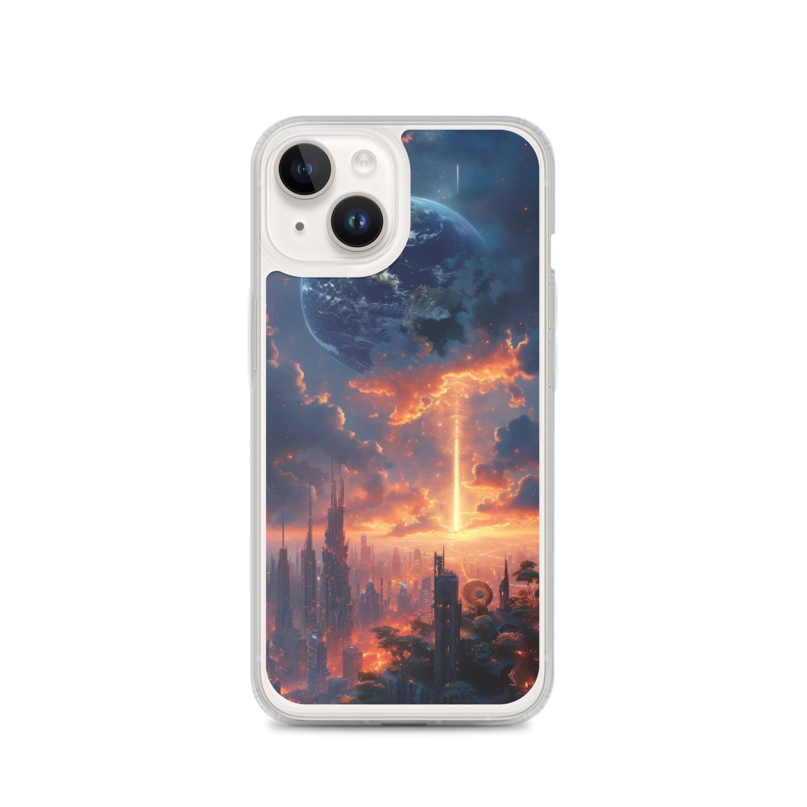 A clear iPhone case with an image of a city at sunset.