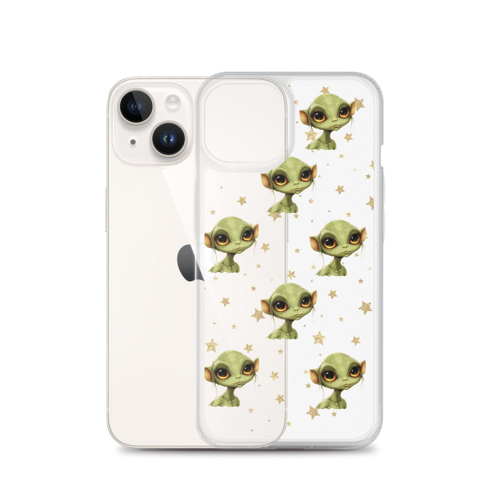 A Clear Case with little aliens on it, perfect for iPhone.