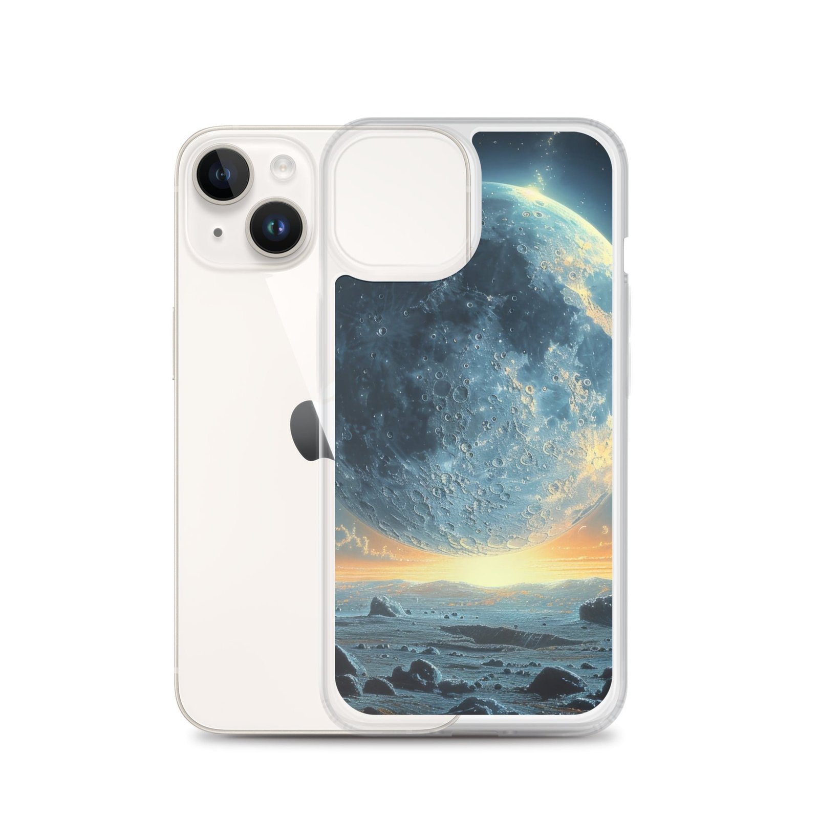 A clear iPhone case featuring a mesmerizing image of the moon and stars that will transport you closer to the celestial beauty.