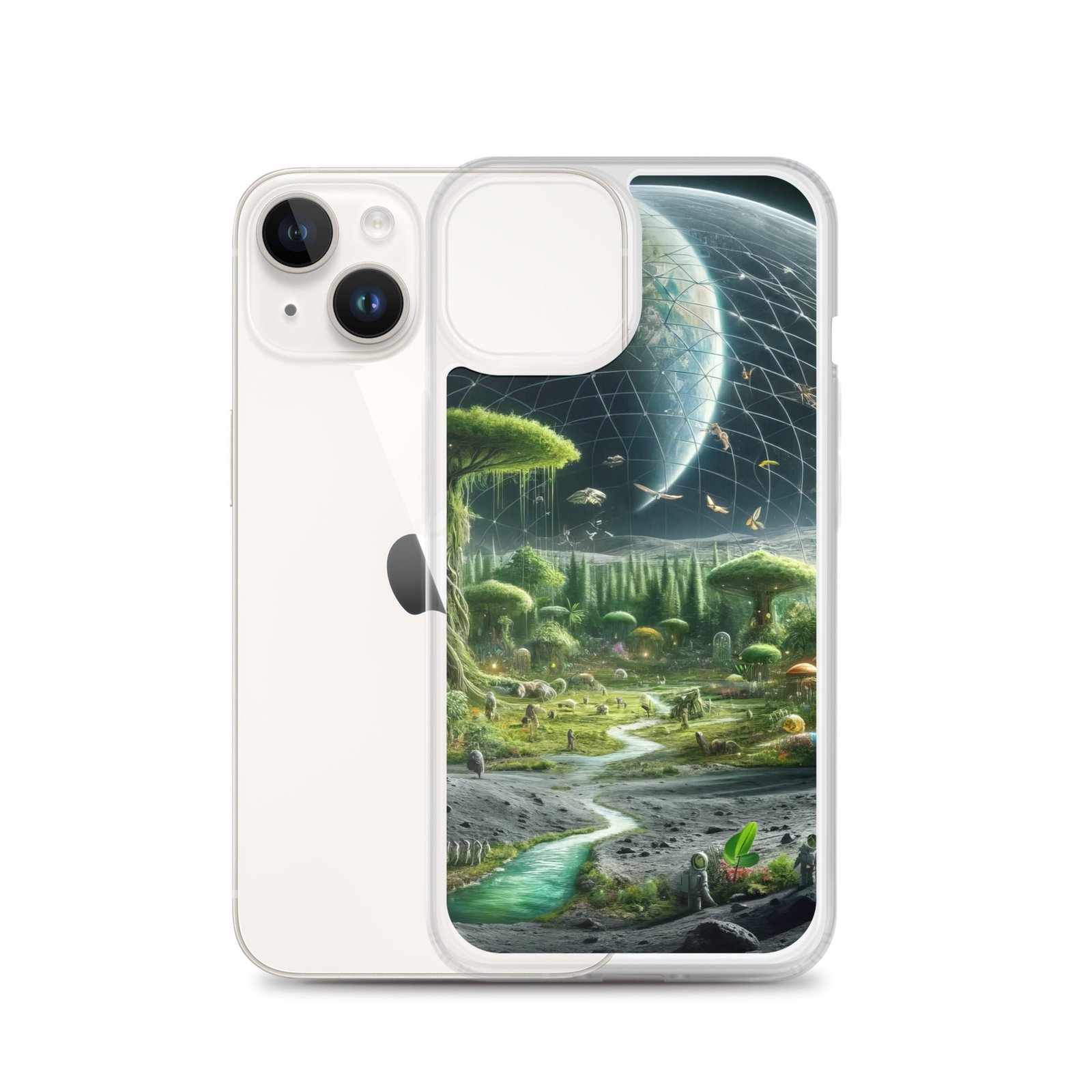 A clear iPhone case with an image of a planet.