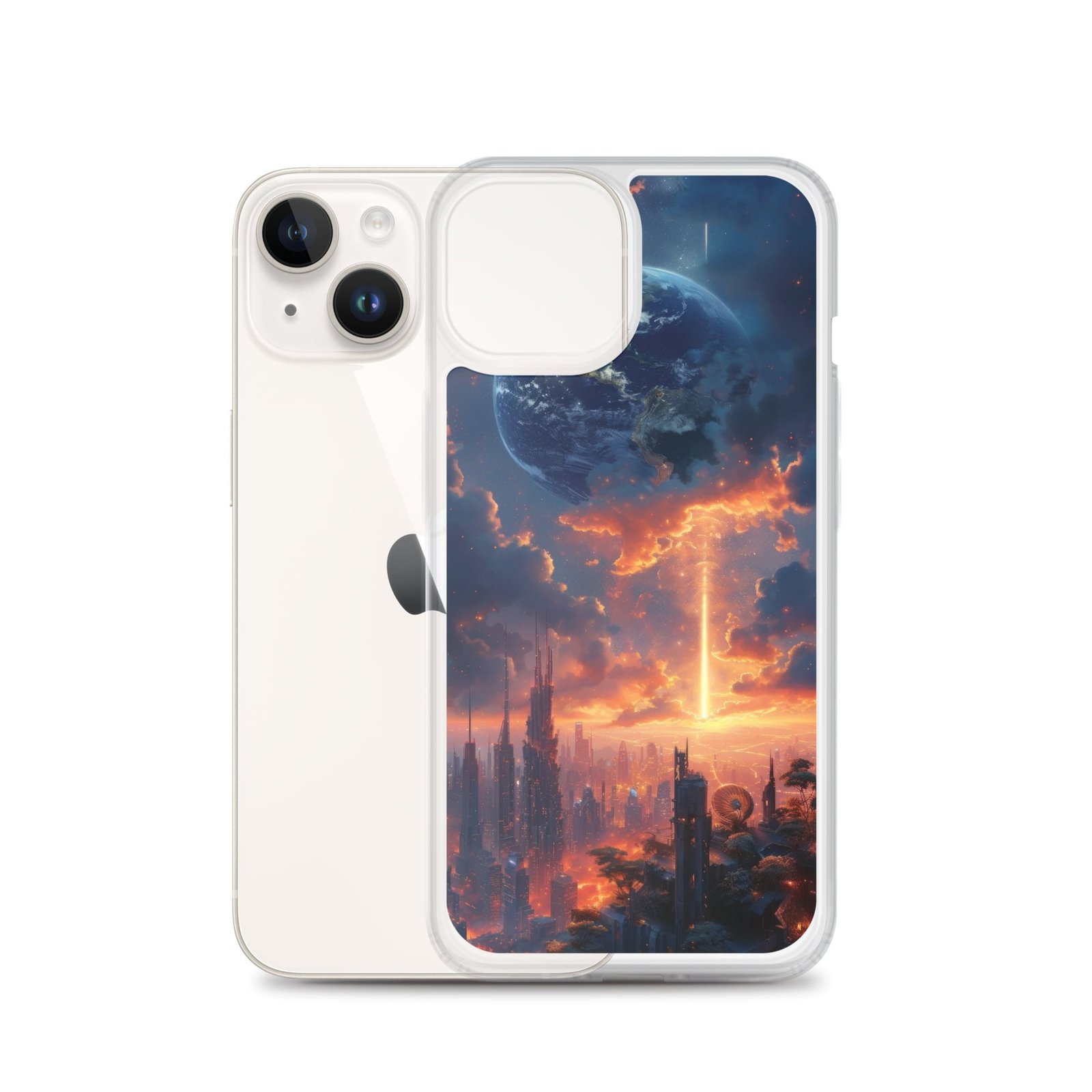 A clear iPhone case featuring an image of a city in the sky.