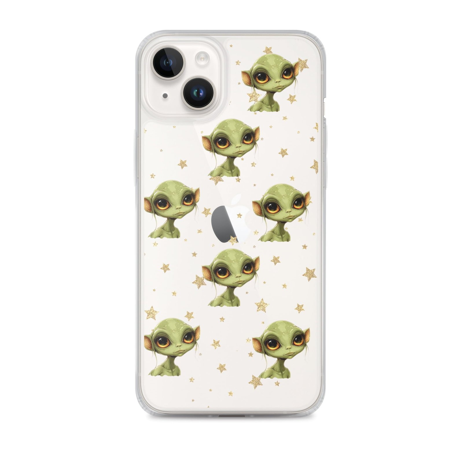 An iPhone case with green alien elves floating amidst deep space filled with stars.