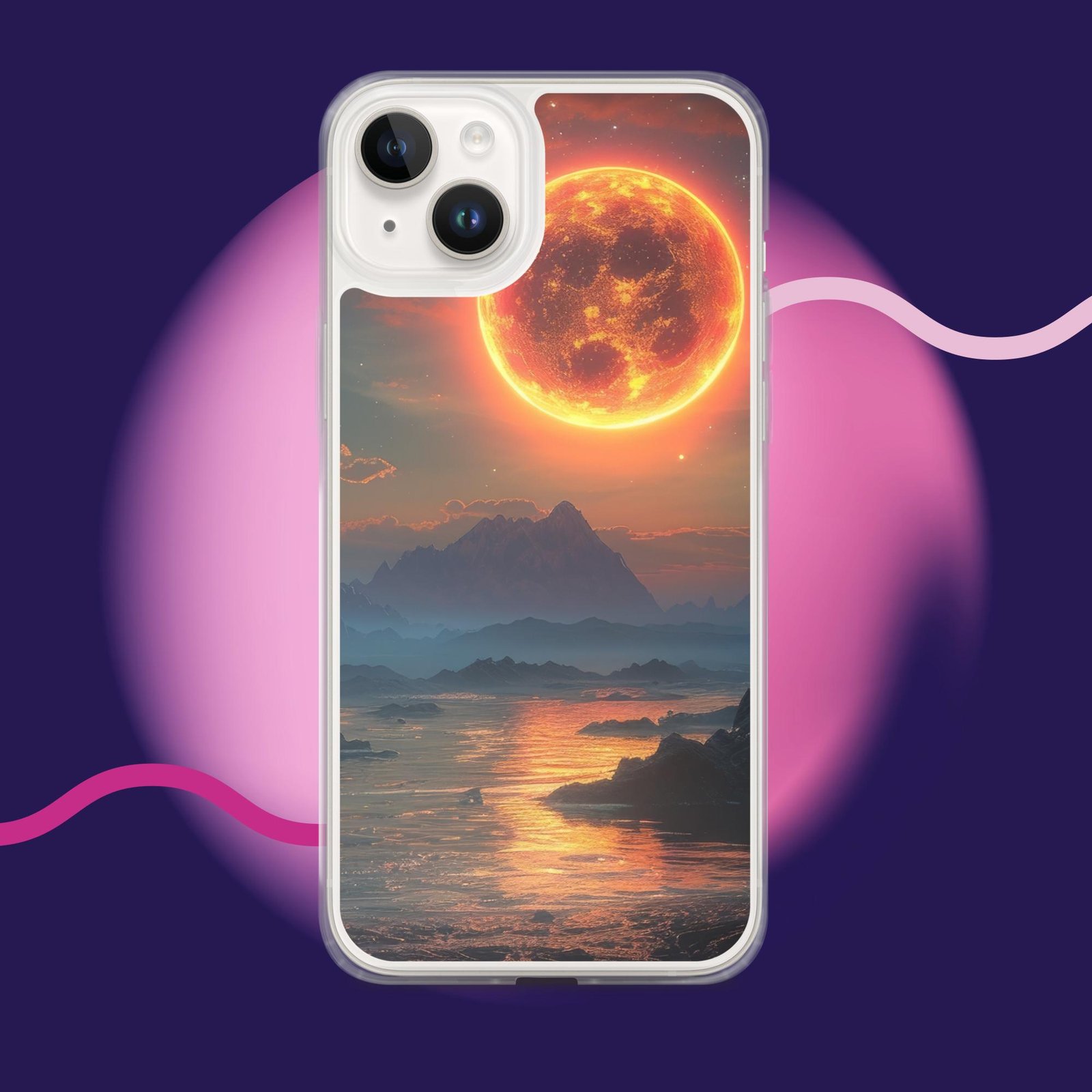 A clear iPhone case with an image of the moon and mountains.