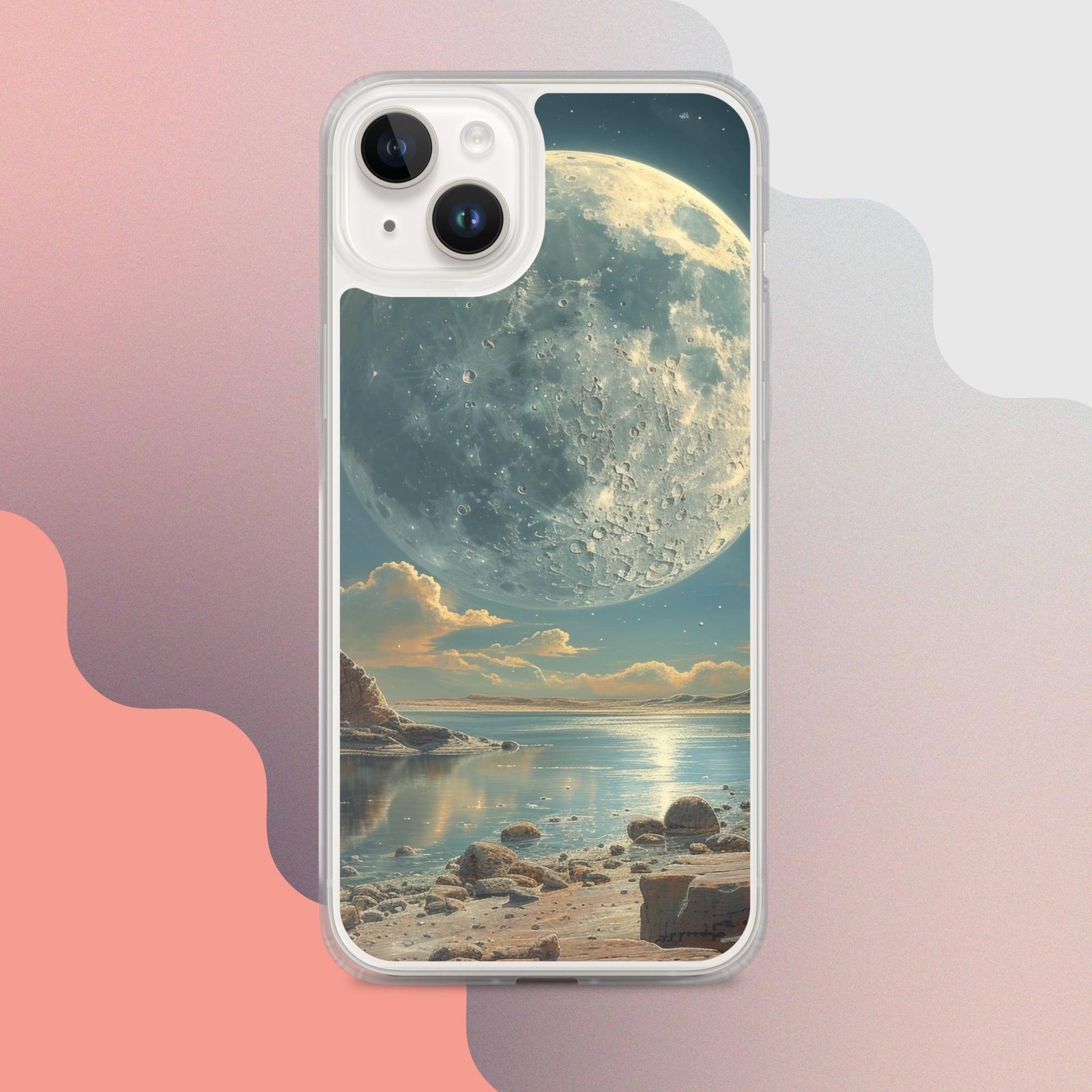 A clear iPhone case featuring a stunning image of the moon reflected on calm water.