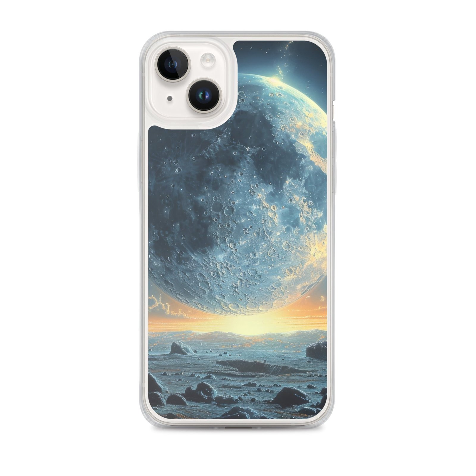 A clear iPhone case featuring a stunning image of the moon in the sky.