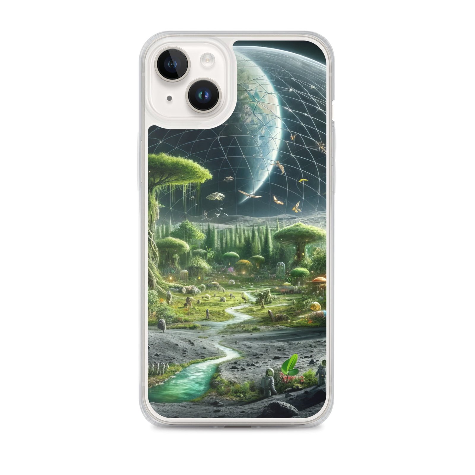 A clear case featuring an image of a moon and trees, depicting the beauty and serene feel of life on another planet.