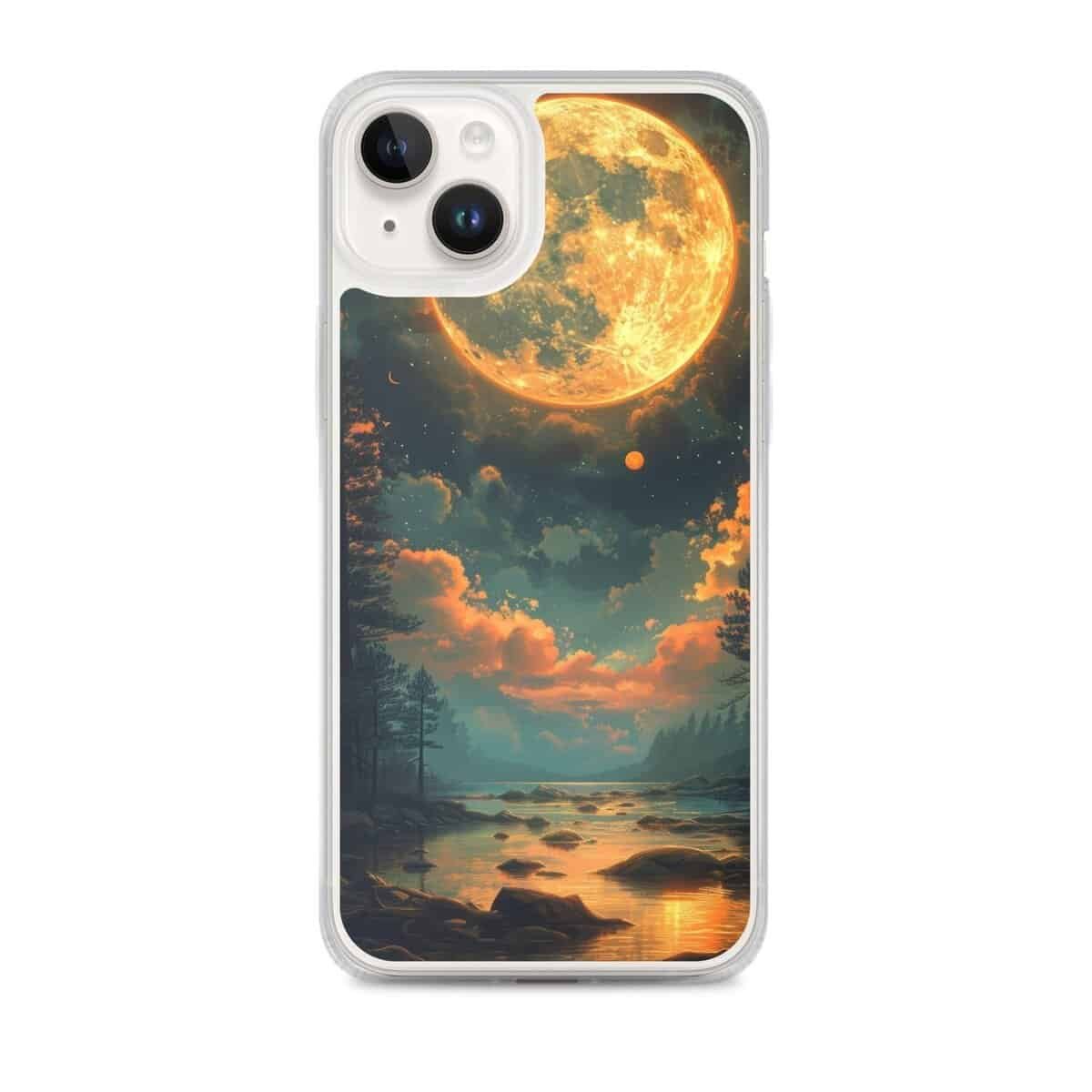 A clear phone case featuring a captivating full moon in the sky.