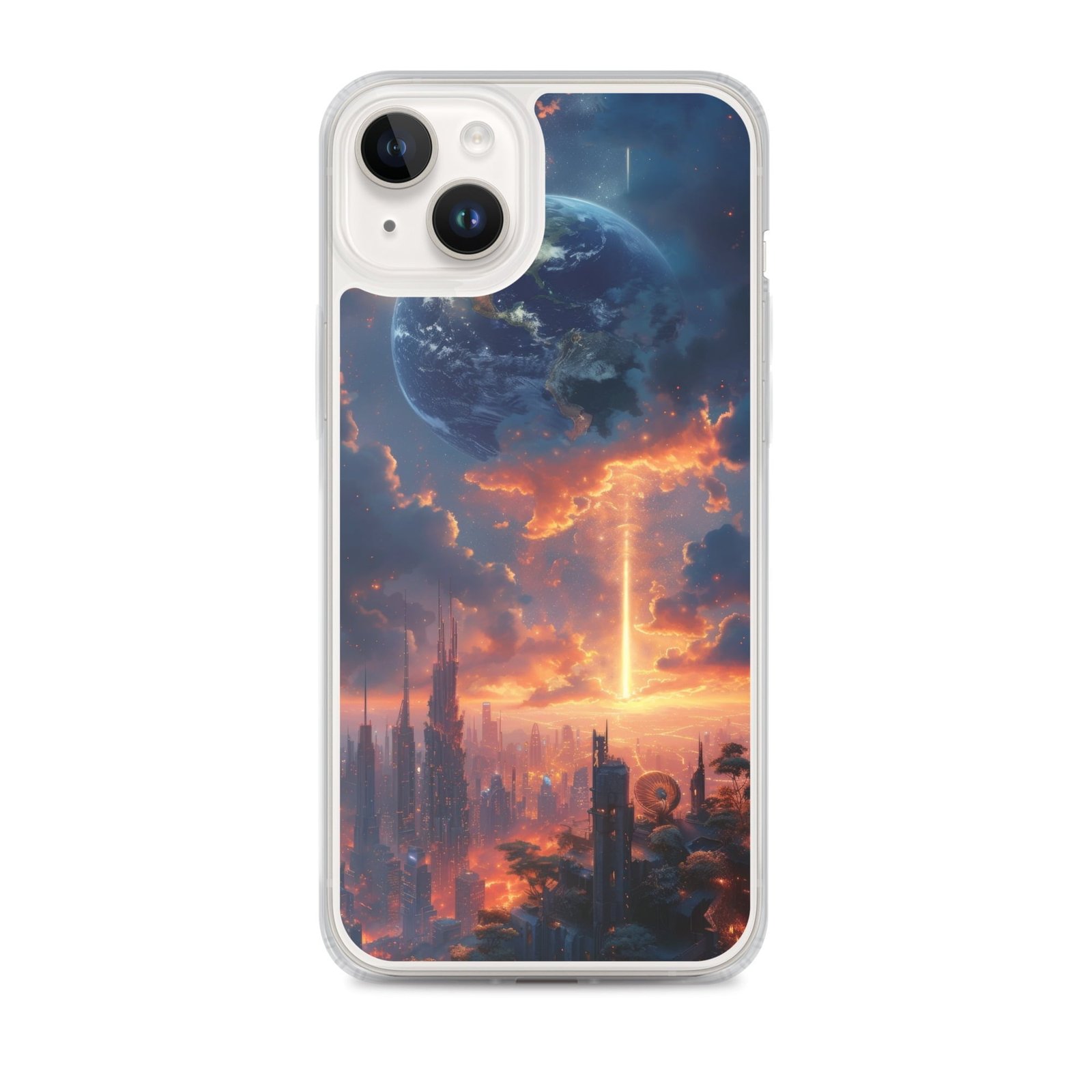 A clear iPhone case with an image of a city at sunset.