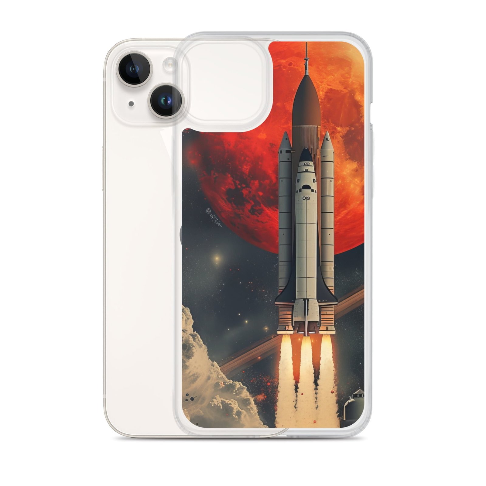 Clear iPhone case featuring NASA space shuttle launch.