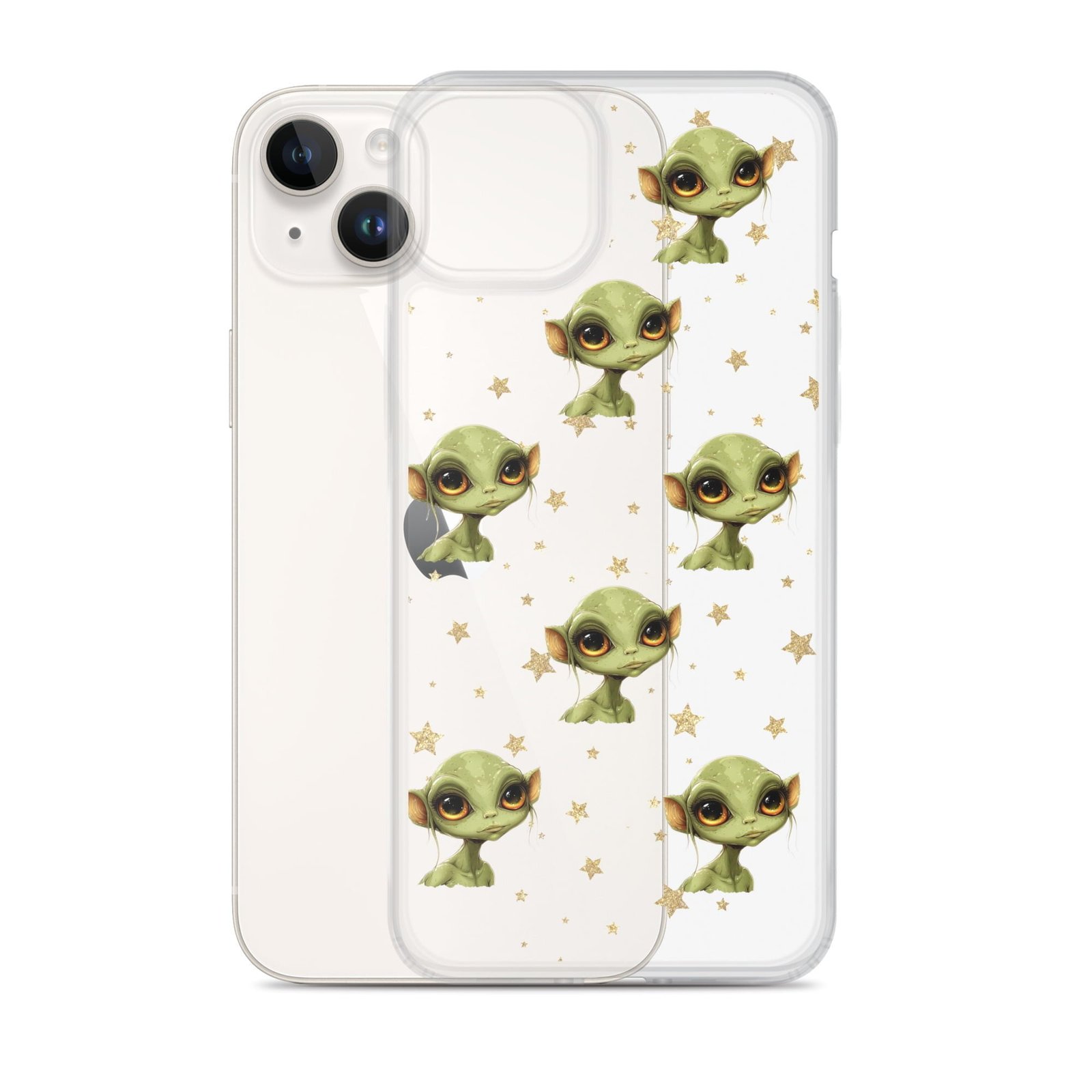 A clear iPhone case featuring stars and elves, inspired by deep space alien themes.