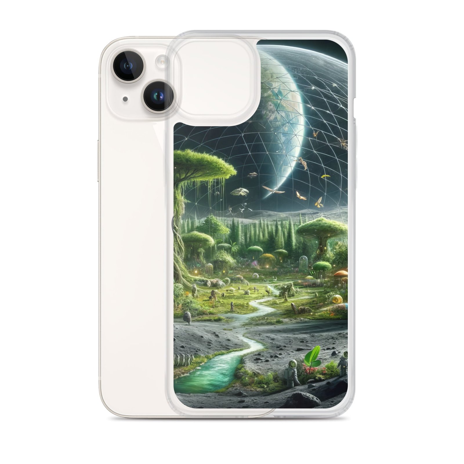 An iphone case with a clear case and an image of a planet with trees and a river, bringing life to the moon.