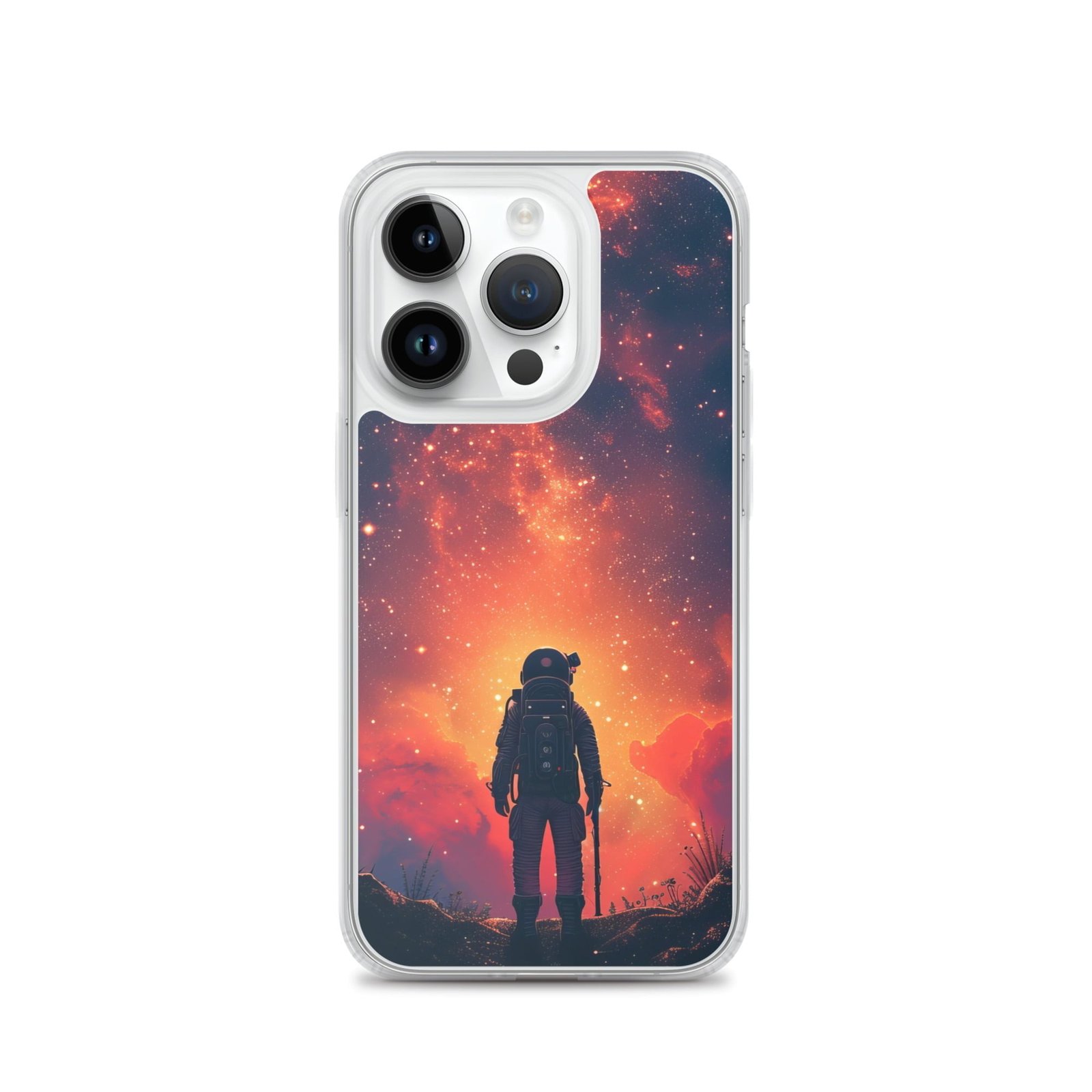 An iPhone clear case depicting a man in space against a starry sky.
