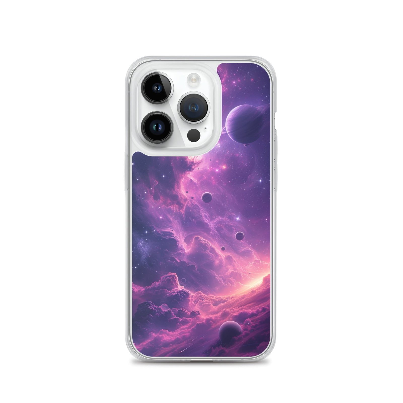 A stunning iPhone case featuring a breathtaking image of a purple nebula surrounded by planets, capturing the beauty of the galaxy.