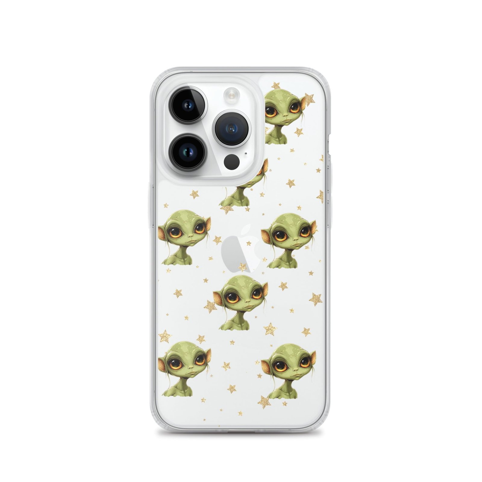 A clear iPhone case featuring adorable alien designs from deep space.