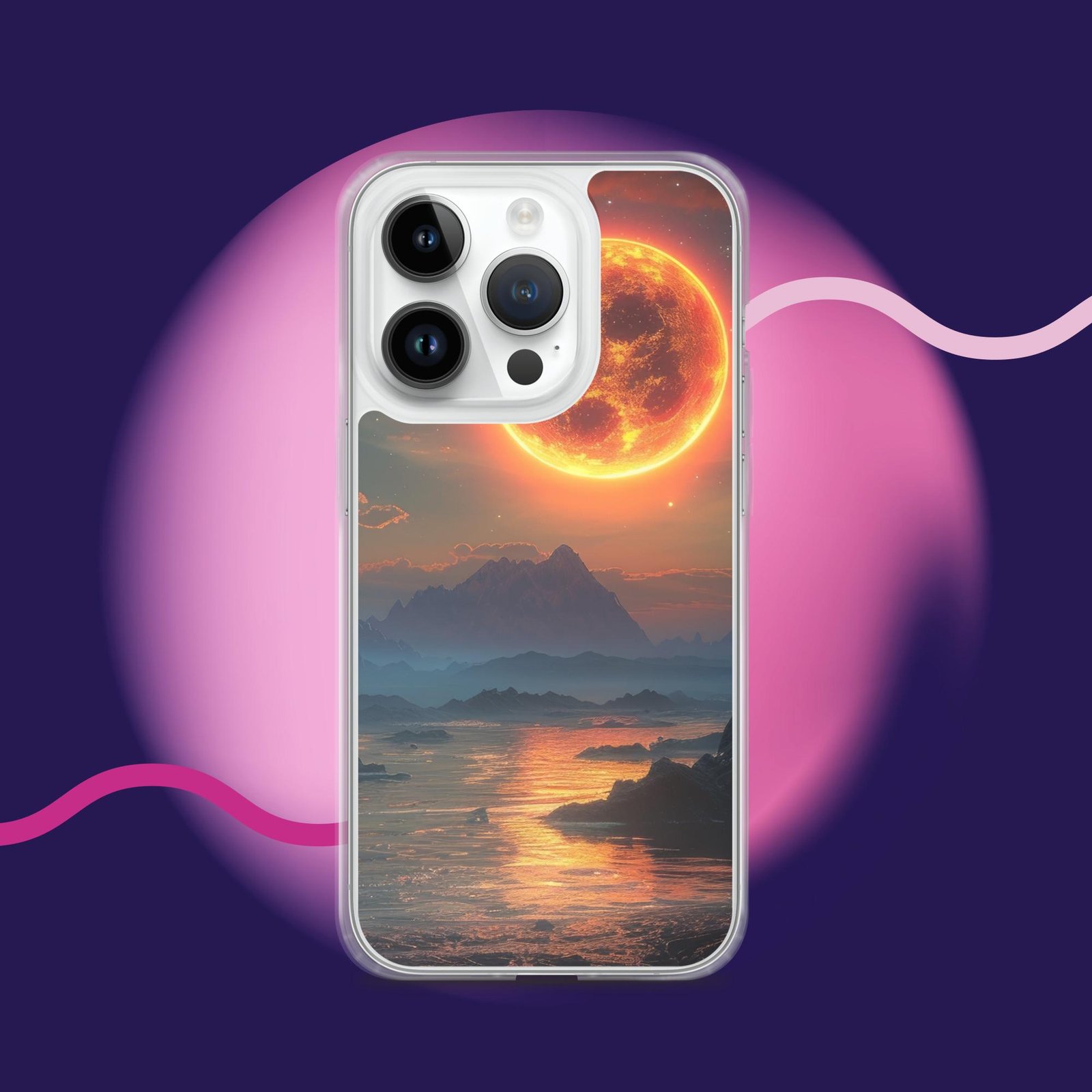 A clear iPhone case with an image of a sunset and mountains.
