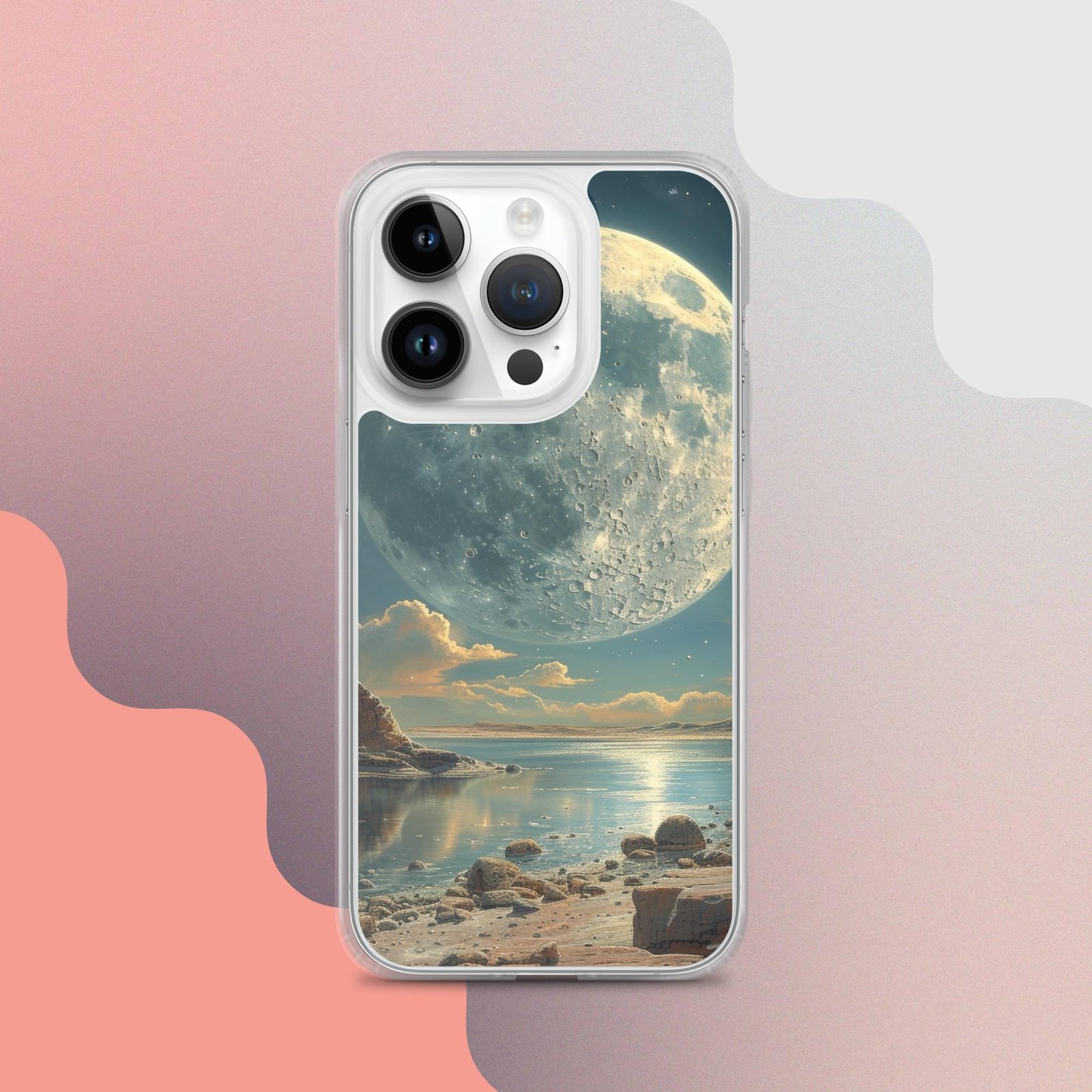 A clear phone case featuring an image of the moon on it. Ideal for iPhone® users.