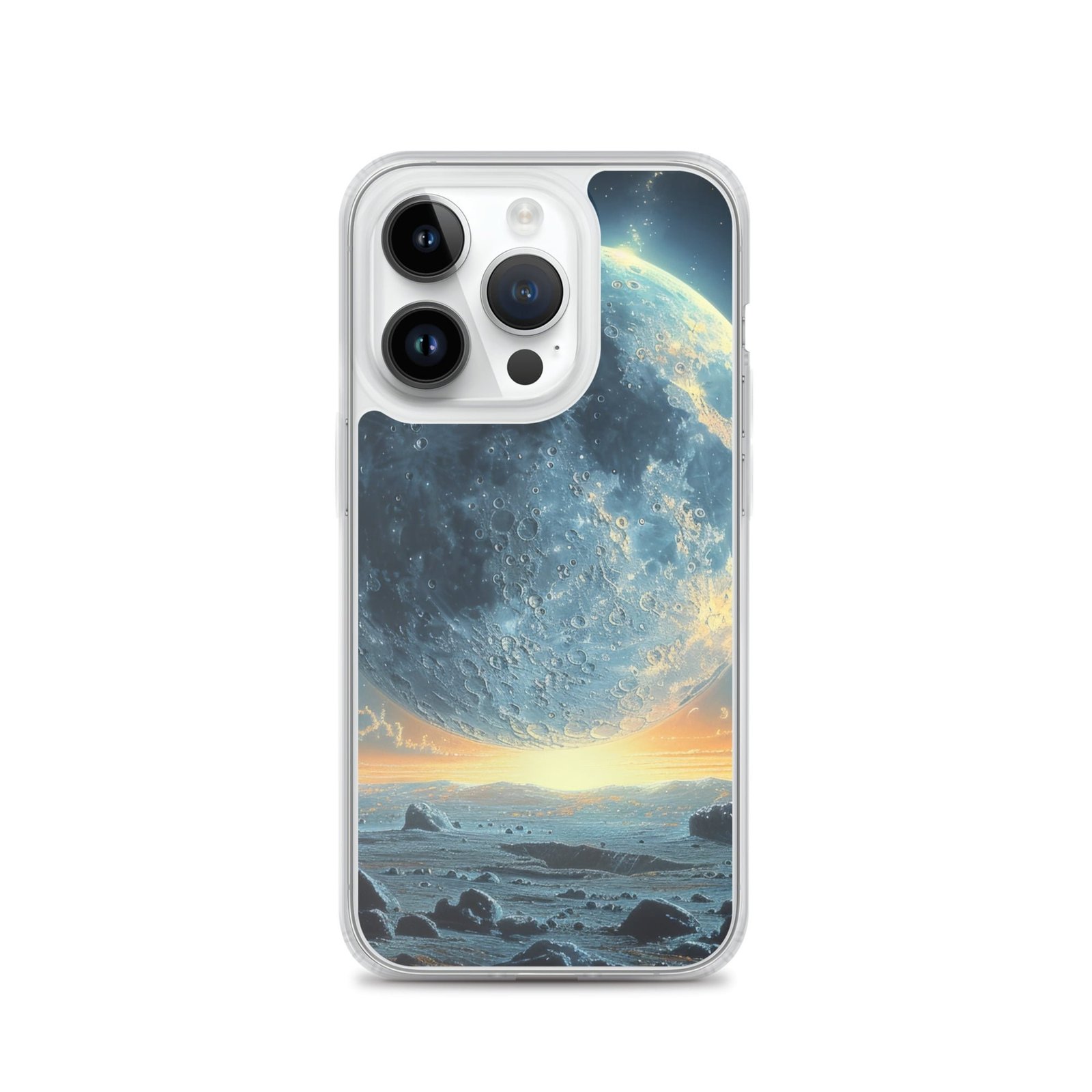 A clear iPhone case featuring an image of the moon and rocks, bringing you closer to the Moon.