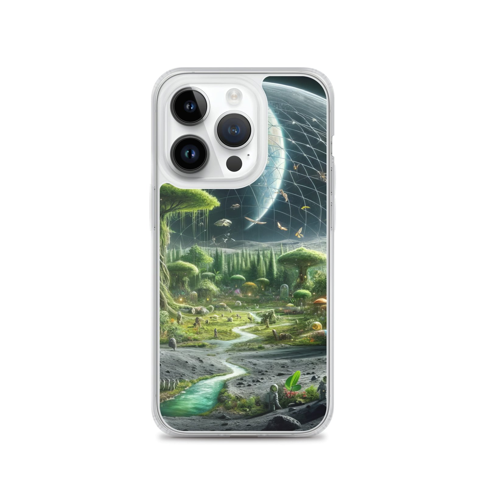 A clear iPhone case featuring an image of a mesmerizing alien landscape with a moon glistening in the backdrop.