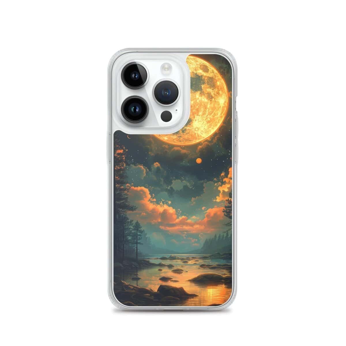 This clear phone case features a captivating full moon against the backdrop of the night sky.
