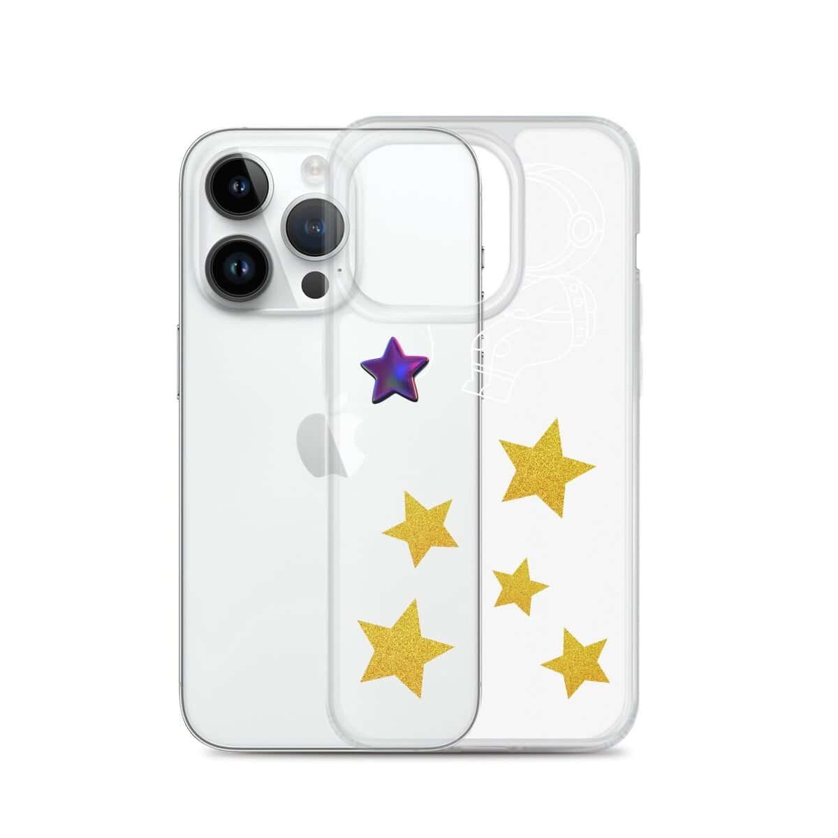 A Starry Night-inspired clear phone case adorned with stars.
